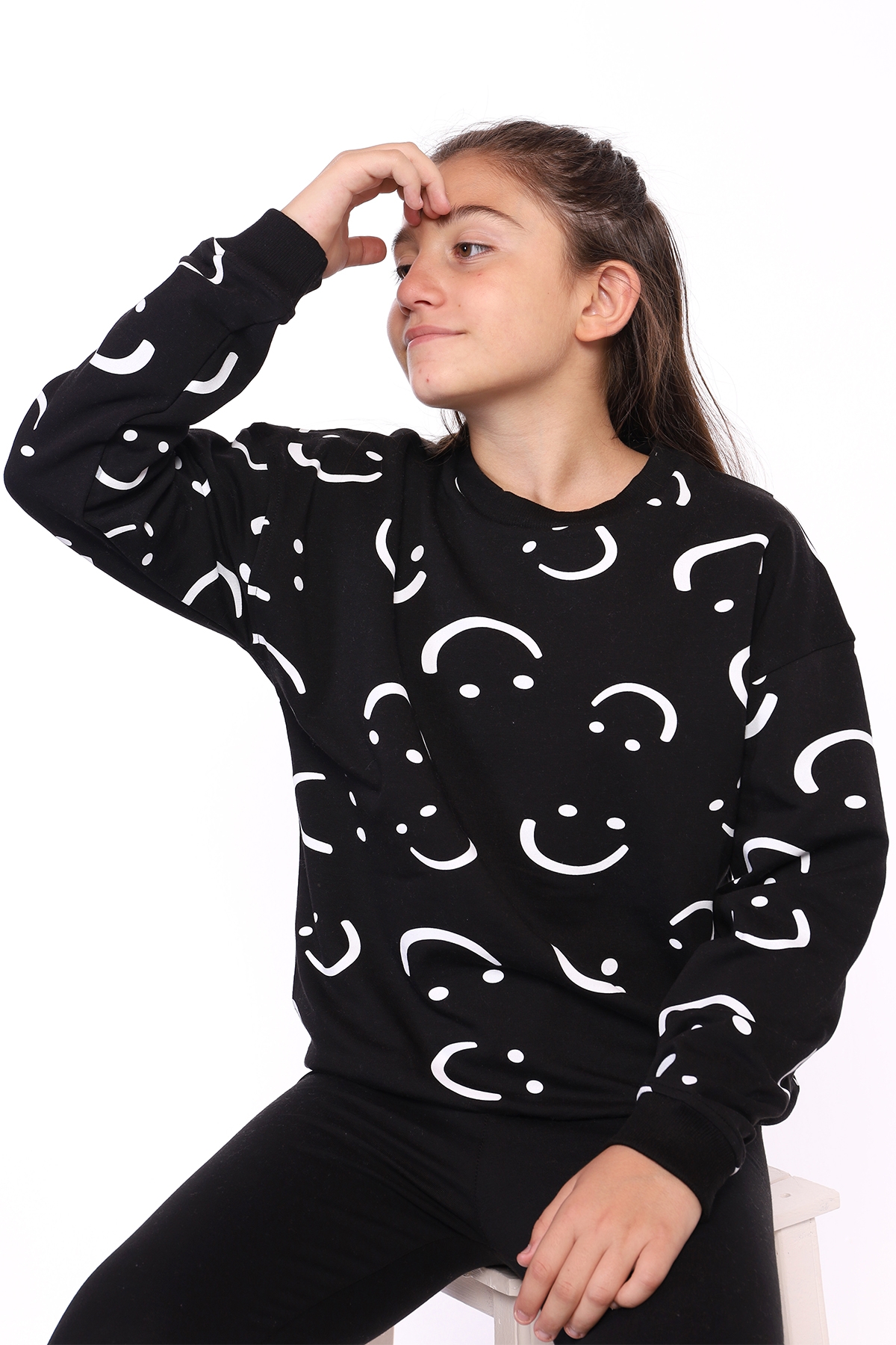 Toontoy Kız Çocuk Komple Gülen İfade Baskılı Sweatshirt