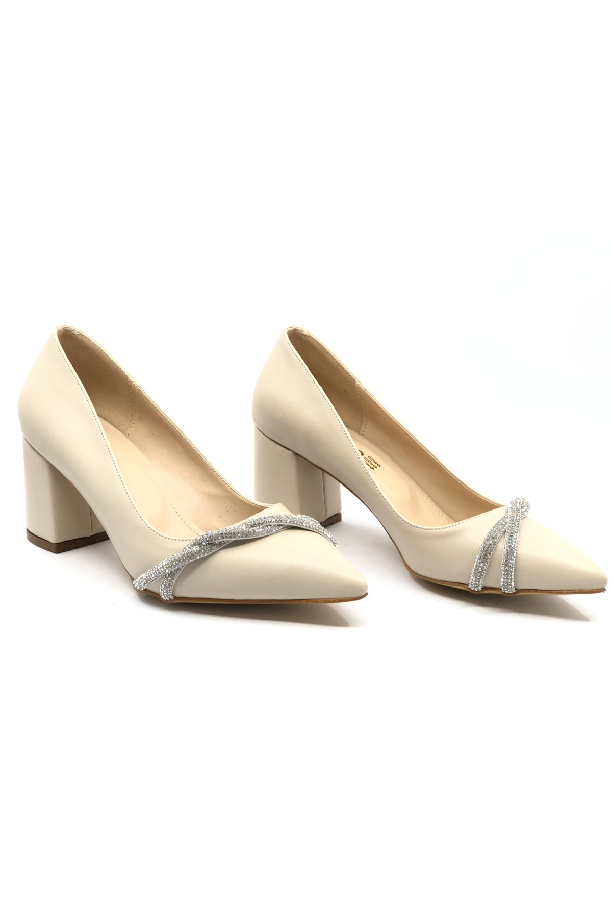 Burgu Taş Dekolteli Kalın Topuk Kadın Topuklu Ayakkabı Sitiletto - Görsel 3