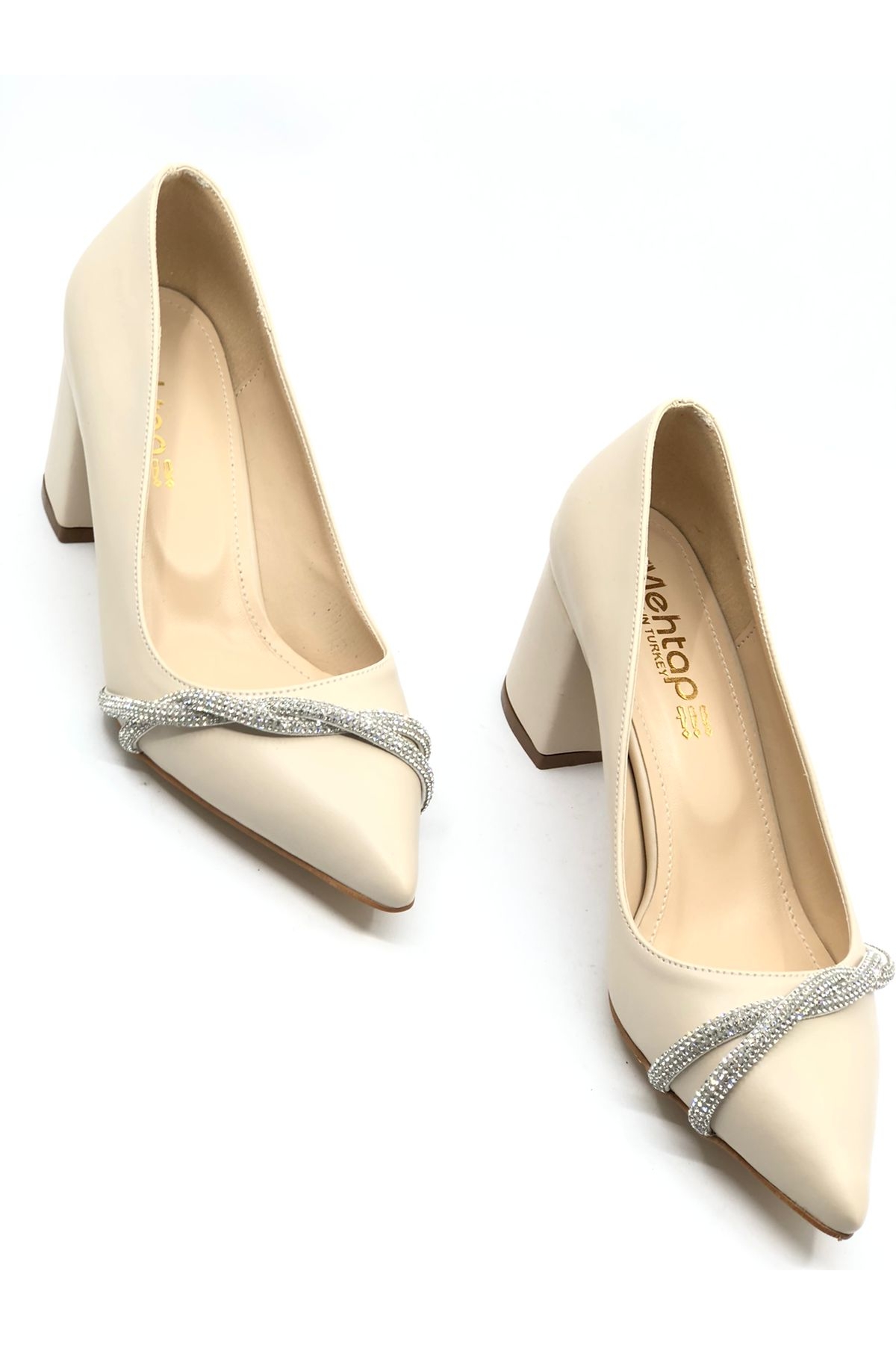 Burgu Taş Dekolteli Kalın Topuk Kadın Topuklu Ayakkabı Sitiletto - Görsel 4