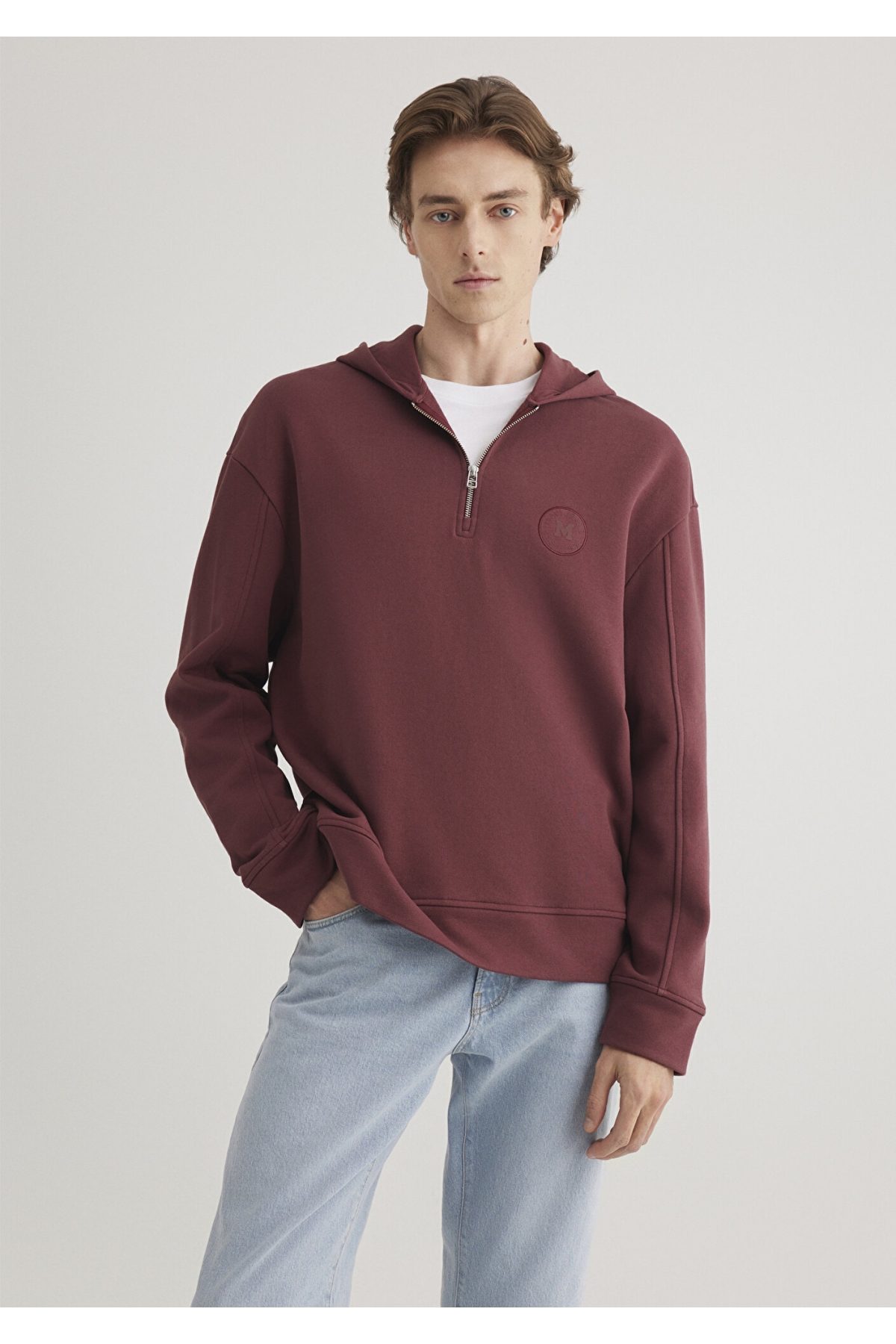 Yarı Fermuarlı Bordo Sweatshirt