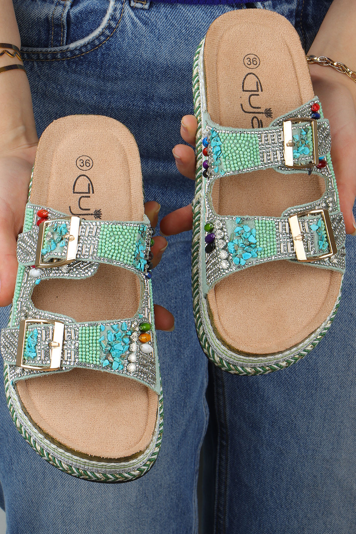 Quenn Taş Boncuk Detaylı Deniz Plaj Günlük Kadın Terlik - Görsel 5