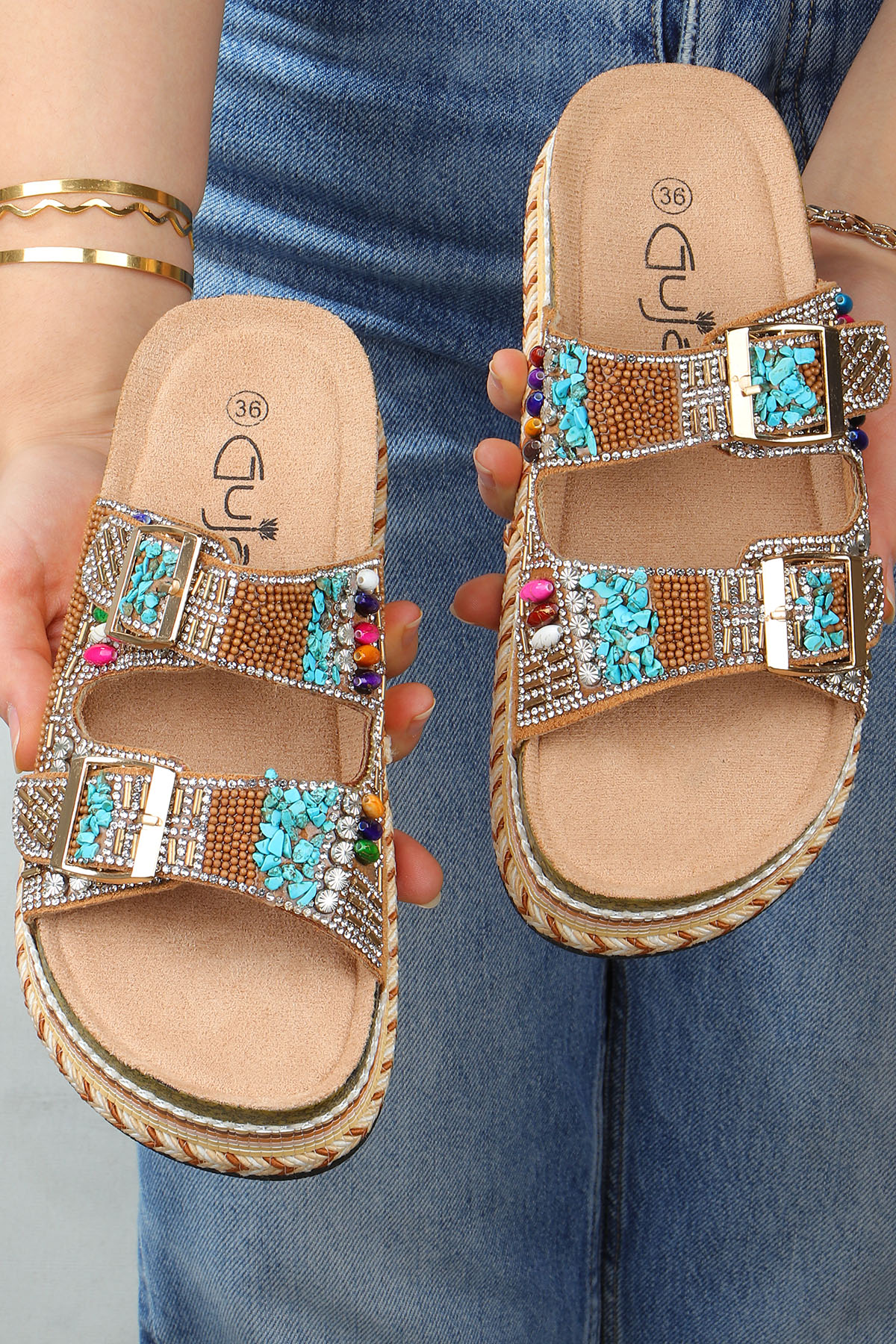 Quenn Taş Boncuk Detaylı Deniz Plaj Günlük Kadın Terlik - Görsel 5