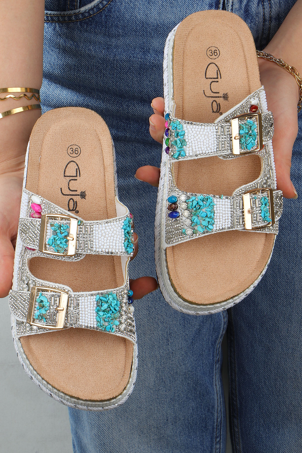 Quenn Taş Boncuk Detaylı Deniz Plaj Günlük Kadın Terlik - Görsel 5