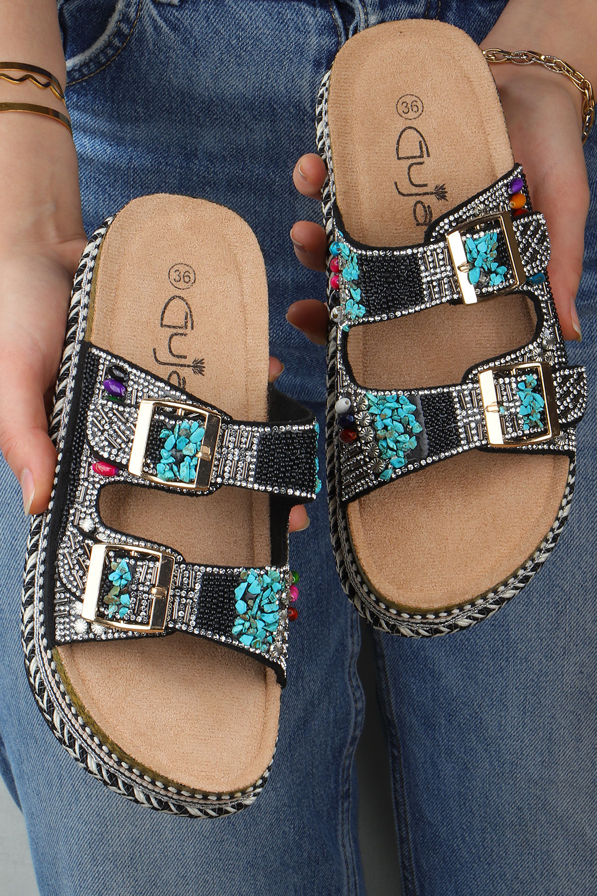 Quenn Taş Boncuk Detaylı Deniz Plaj Günlük Kadın Terlik - Görsel 5