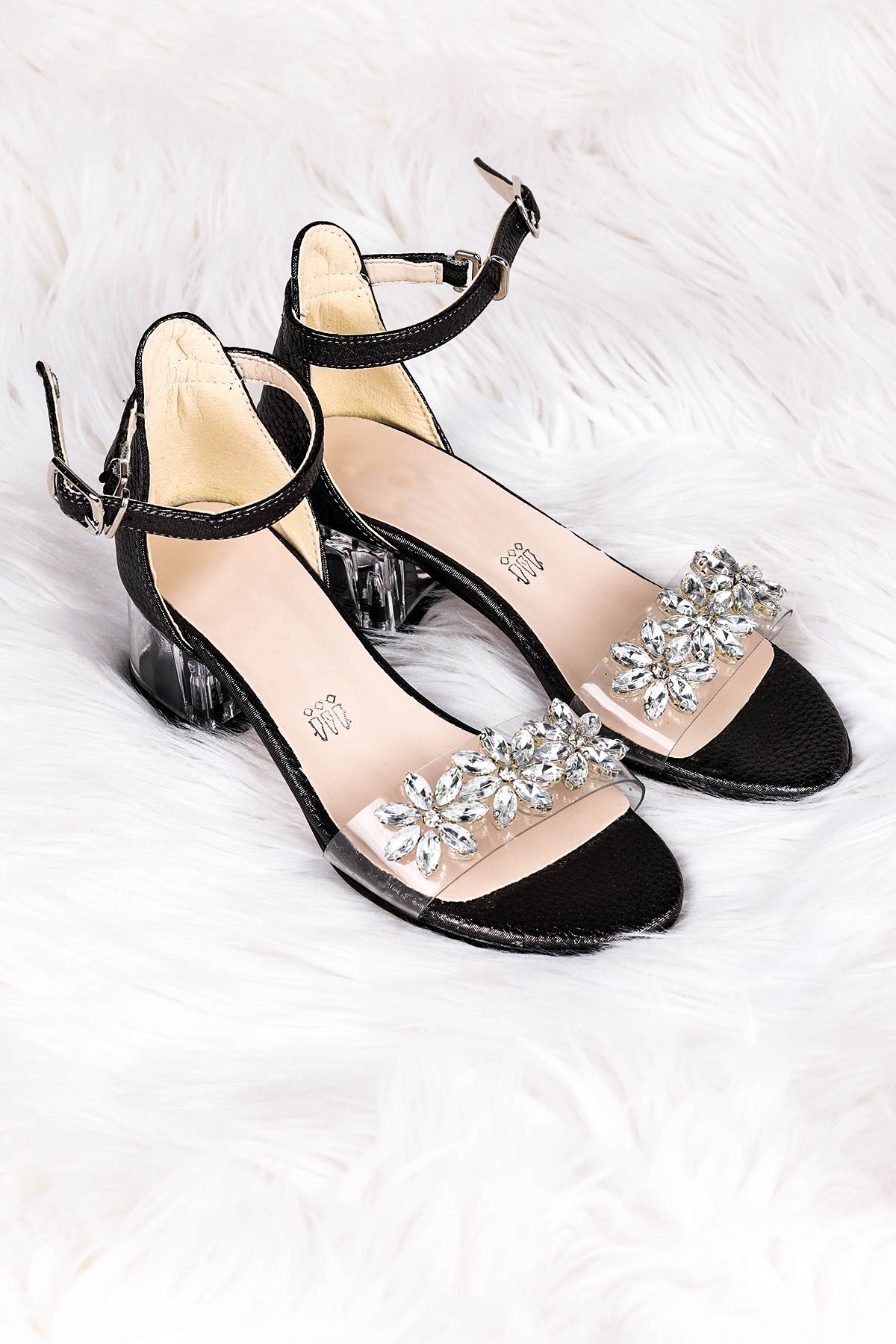 Yangu Vakko Taşlı Kız Çocuk 3 Cm Şeffaf Topuklu Sandalet Abiye Ayakkabı Platin - Görsel 4