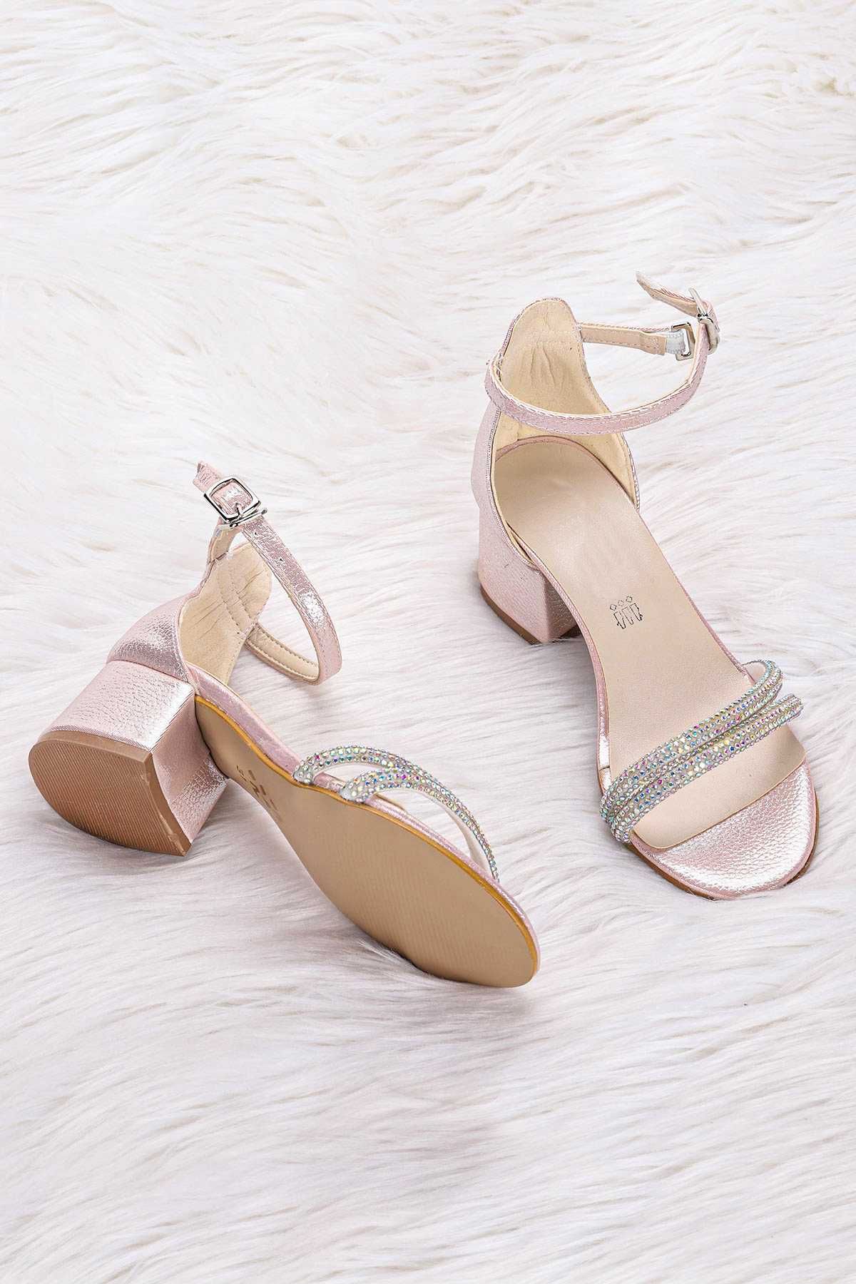 Sarer Taşlı Kız Çocuk 3 Cm Topuklu Sandalet Abiye Ayakkabı Pudra - Görsel 3