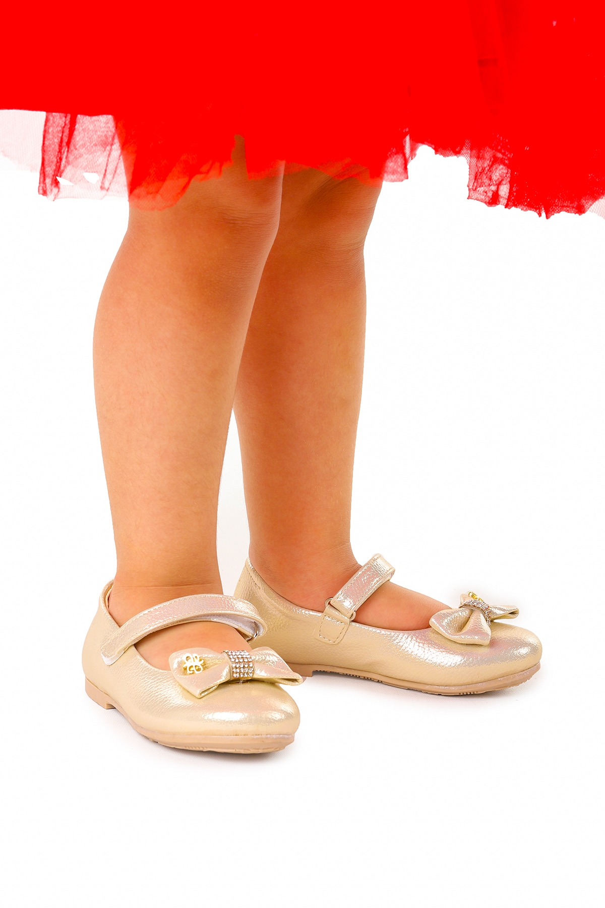 Withbow Vakko Cırtlı Fiyonklu Kız Çocuk Babet Ayakkabı Altın - Görsel 3