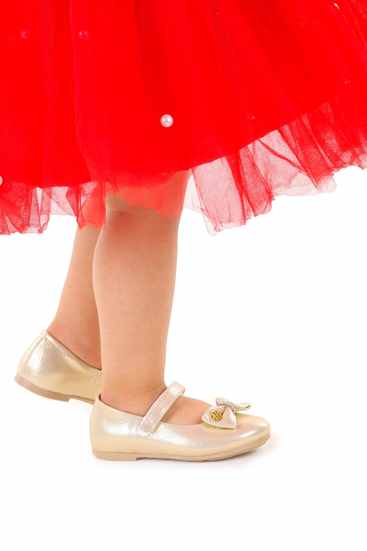 Withbow Vakko Cırtlı Fiyonklu Kız Çocuk Babet Ayakkabı Altın - Görsel 4