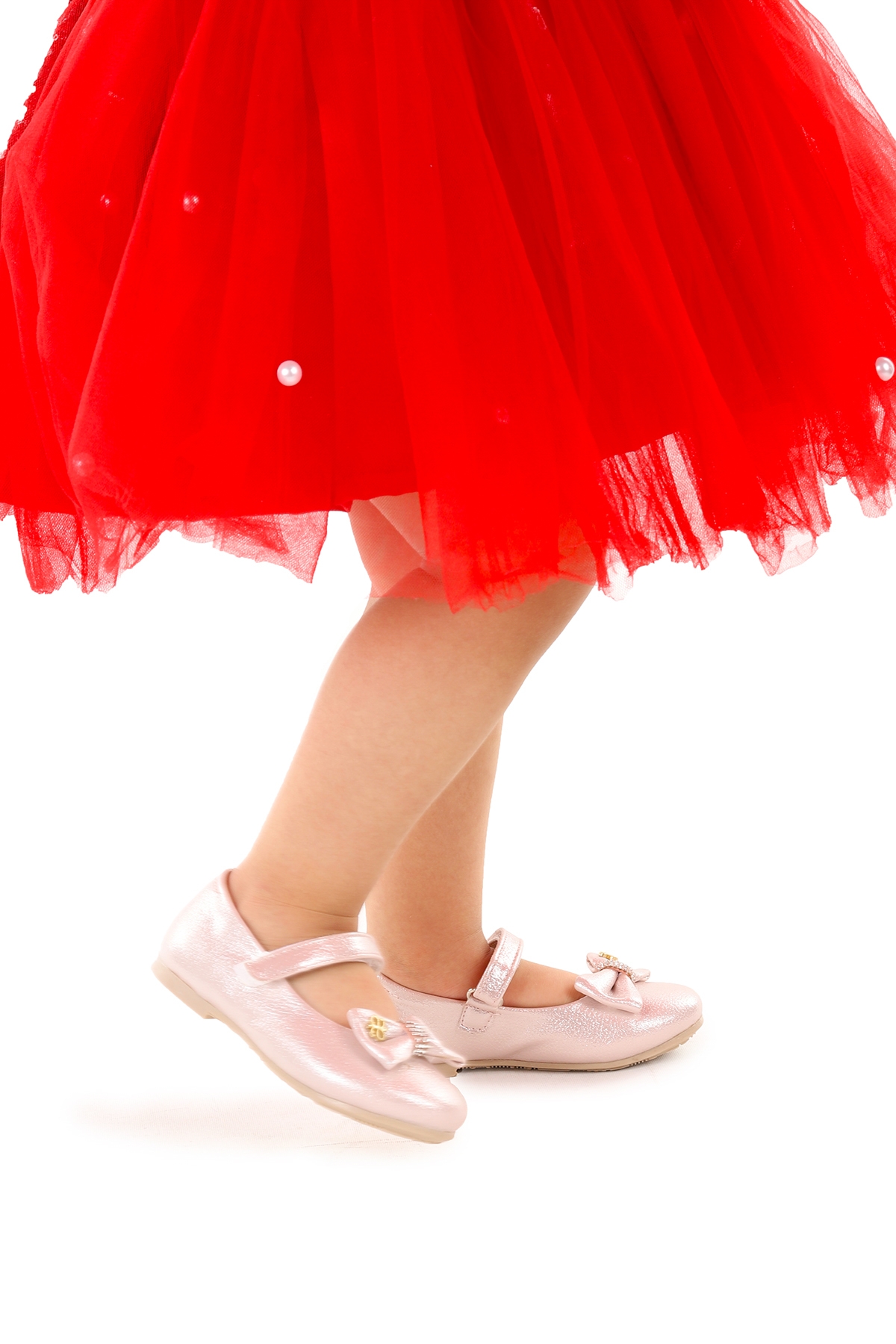 Withbow Vakko Cırtlı Fiyonklu Kız Çocuk Babet Ayakkabı Pudra - Görsel 4