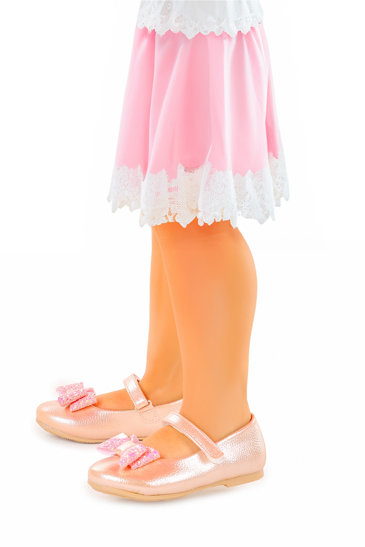 Babe Vakko Cırtlı Fiyonklu Kız Çocuk Babet Ayakkabı Pudra - Görsel 4