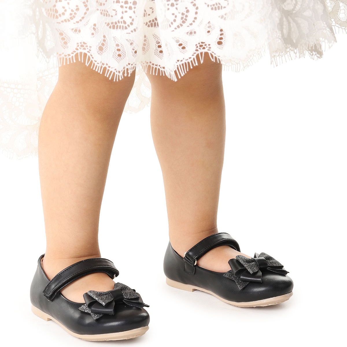 Kiko KidsSilvery Cilt Cırtlı Kum Sim Fiyonklu Kız Çocuk Babet Ayakkabı Siyah