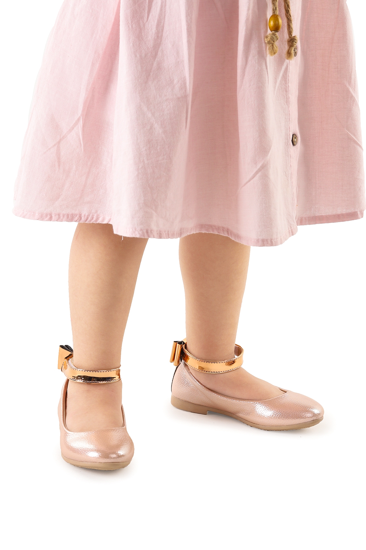 Ankle Vakko Cırtlı Kız Çocuk Fiyonklu Babet Ayakkabı Bilekten Bağlamalı Pudra - Görsel 4