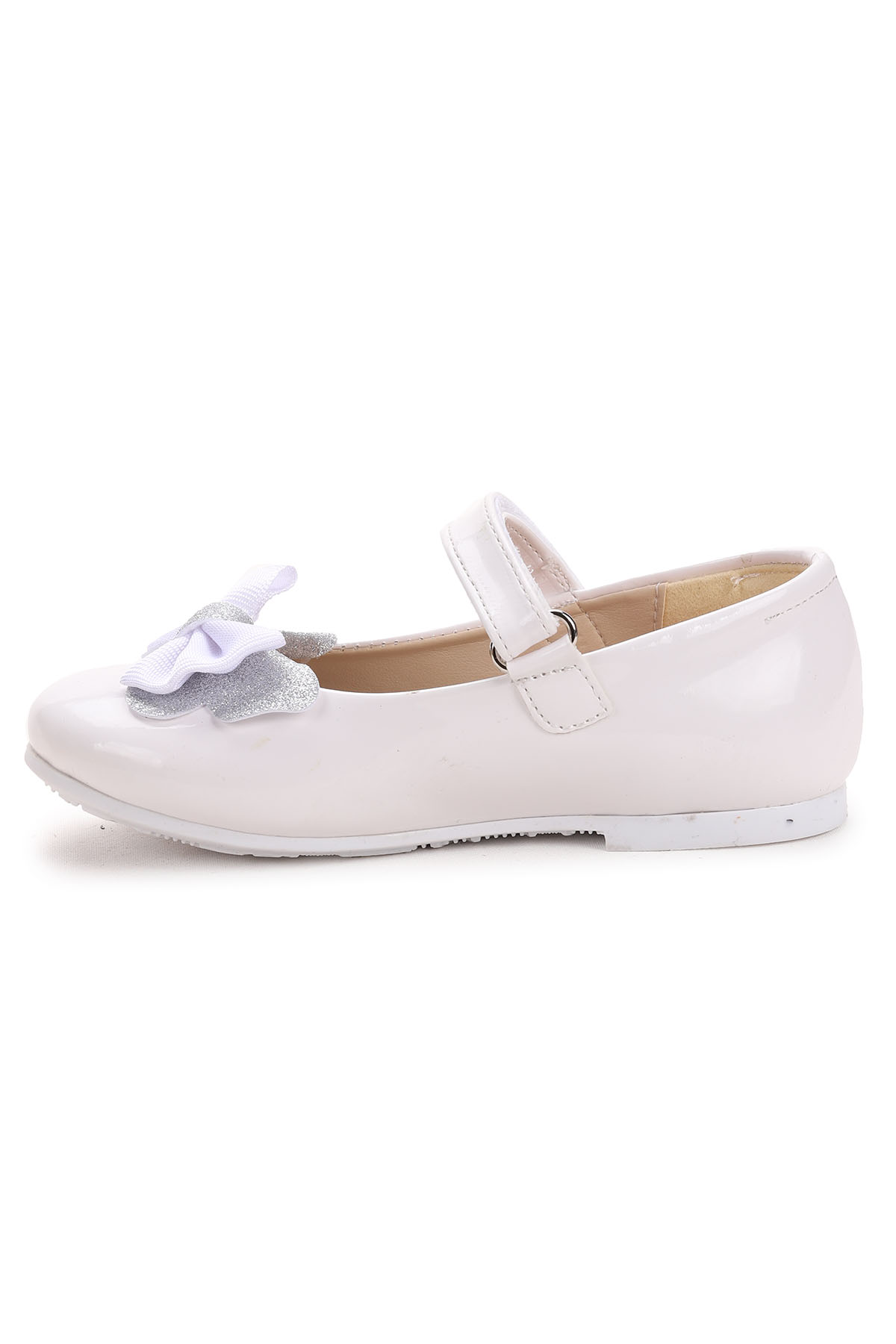 Taşlı Cırtlı Kız Çocuk Fiyonklu Babet Ayakkabı Ege 204 Rugan Beyaz - Görsel 5