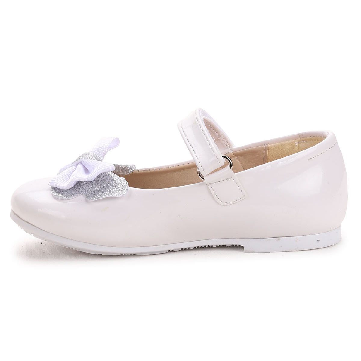 Taşlı Cırtlı Kız Çocuk Fiyonklu Babet Ayakkabı Ege 204 Rugan Beyaz - Görsel 6