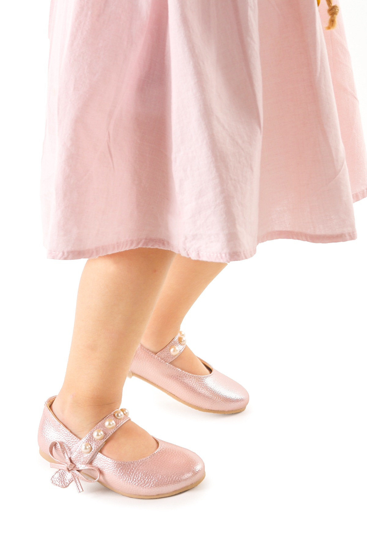 Bareti Vakko İncili Günlük Cırtlı Kız Çocuk Babet Ayakkabı Pudra - Görsel 4