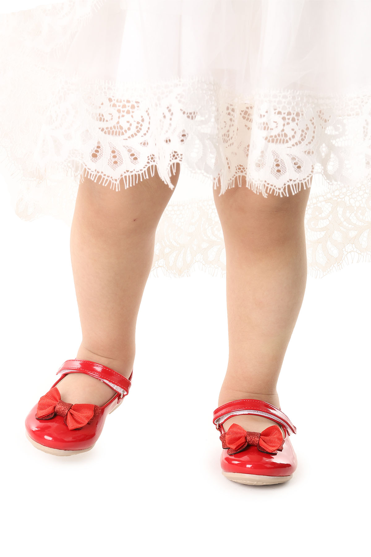 Taşlı Cırtlı Kız Çocuk Fiyonklu Babet Ayakkabı Ege 204 Rugan Kırmızı - Görsel 4
