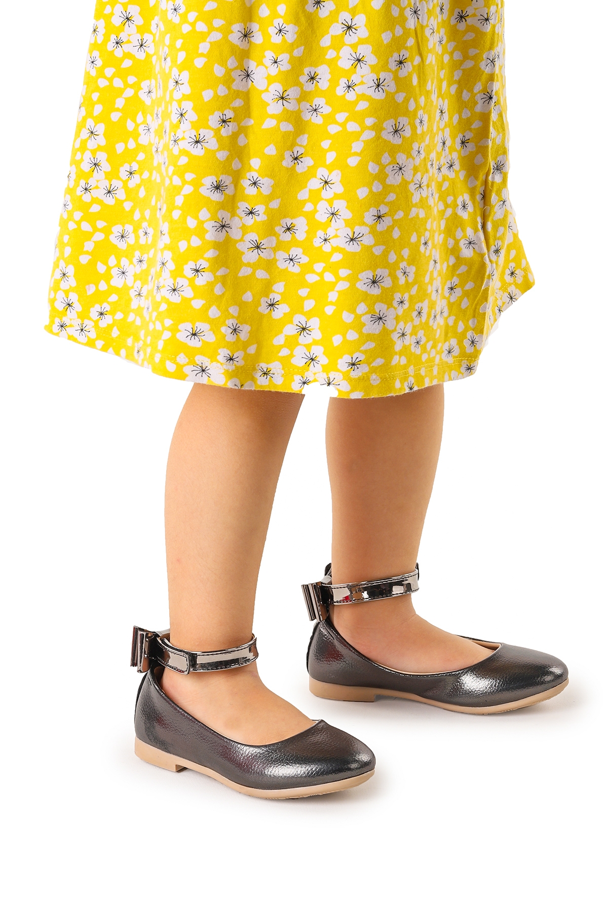 Ankle Vakko Cırtlı Kız Çocuk Fiyonklu Babet Ayakkabı Bilekten Bağlamalı Platin - Görsel 3