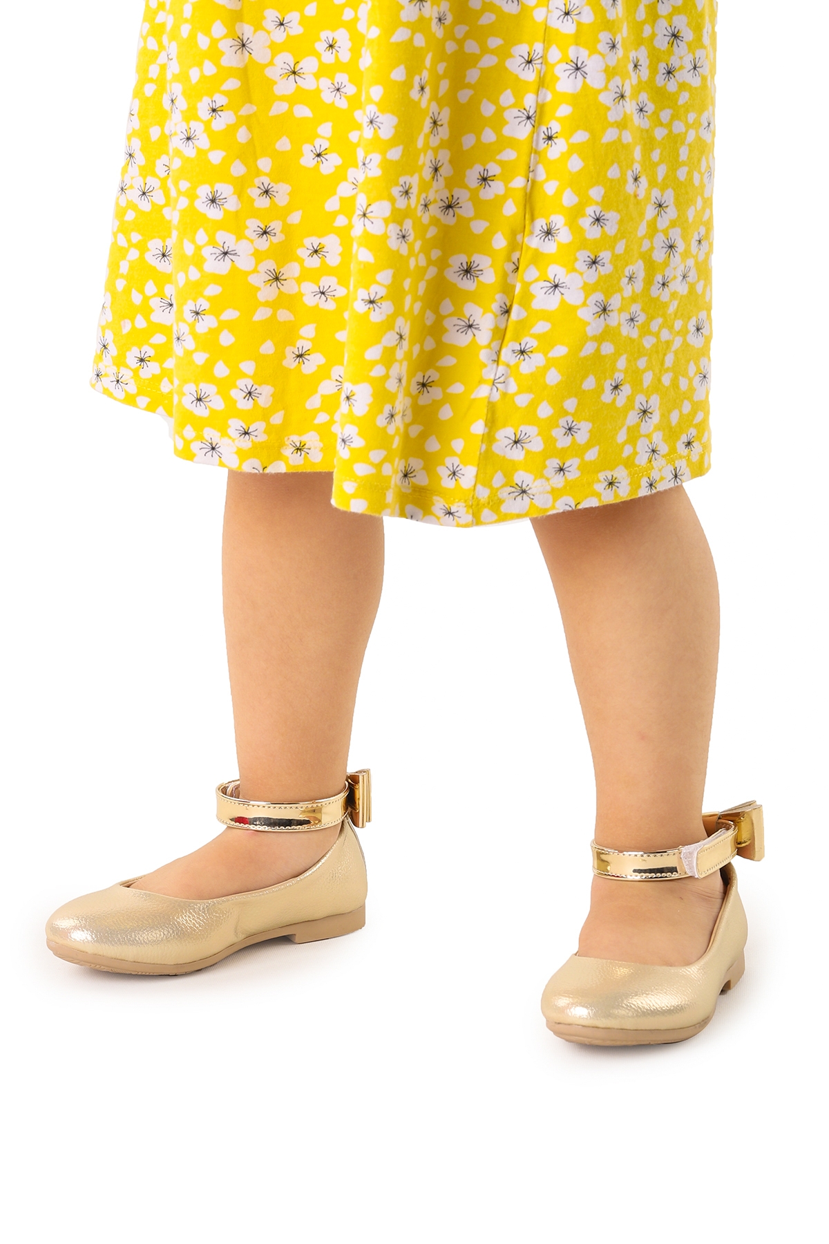 Ankle Vakko Cırtlı Kız Çocuk Fiyonklu Babet Ayakkabı Bilekten Bağlamalı Altın - Görsel 4