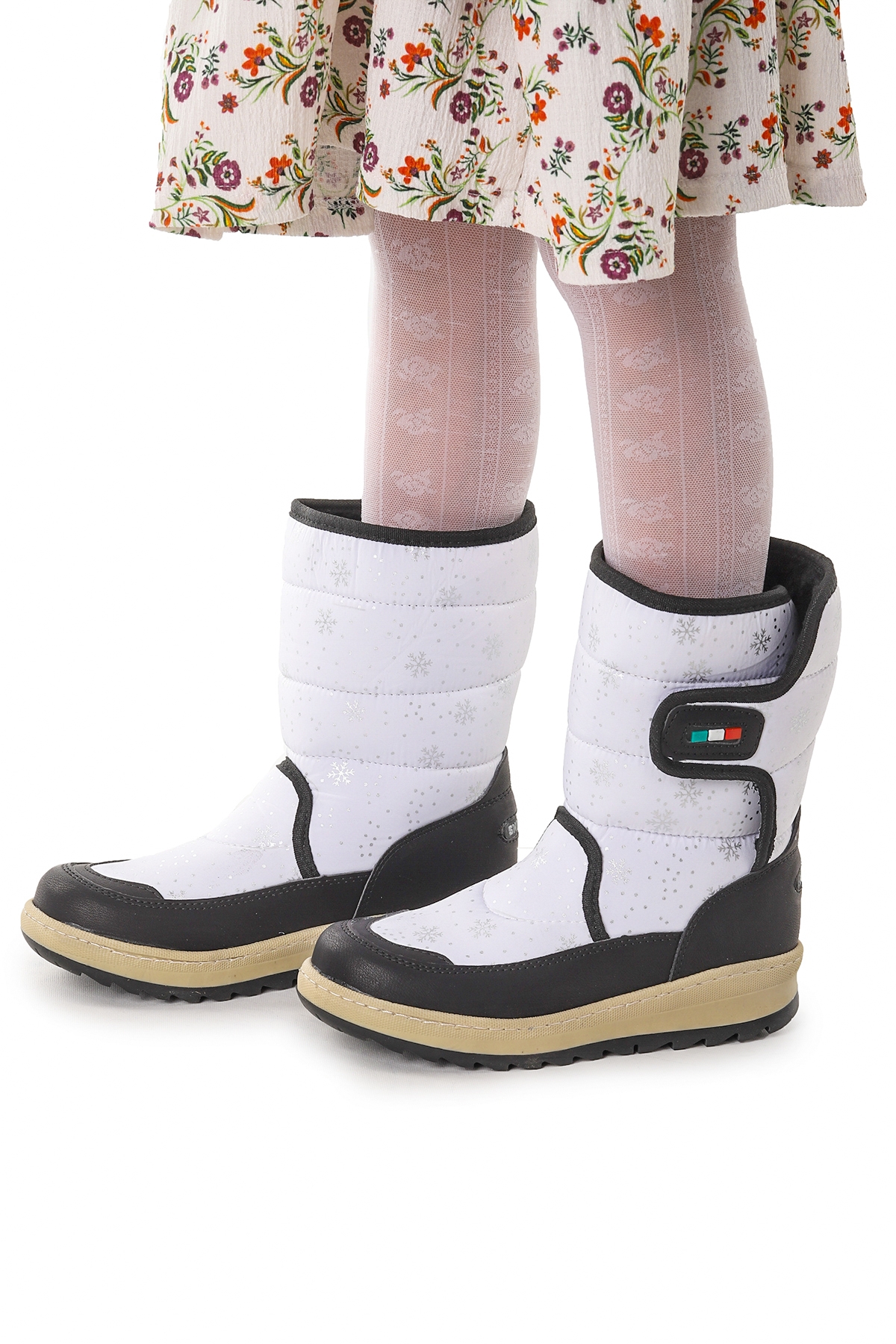 Tila Kar Desenli Cırtlı Kız Çocuk Kar Bot Ayakkabı Beyaz - Siyah - Görsel 3