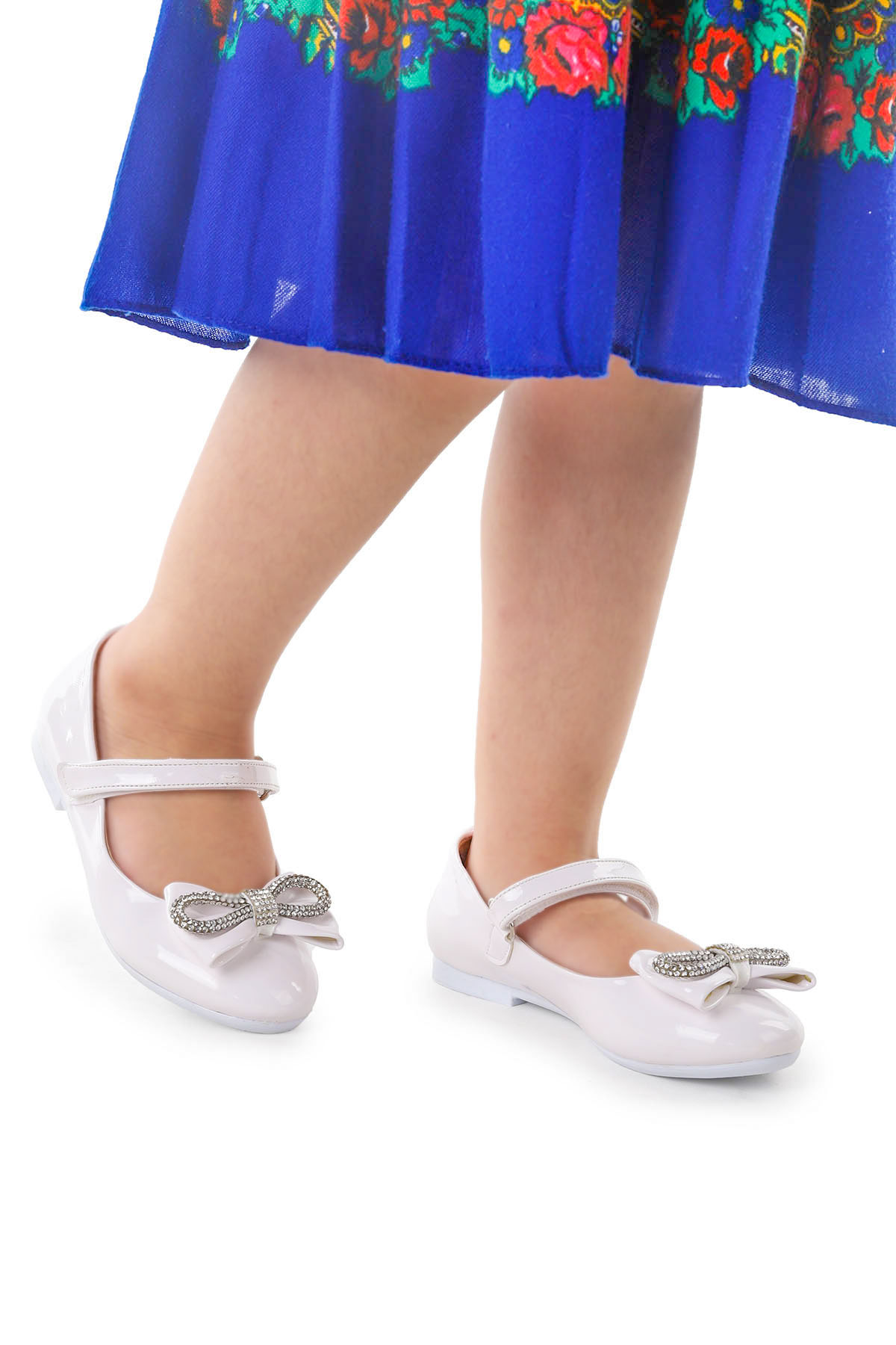 Bowtie Papyon Taşlı Cırtlı Kız Çocuk Babet Ayakkabı Beyaz - Görsel 2