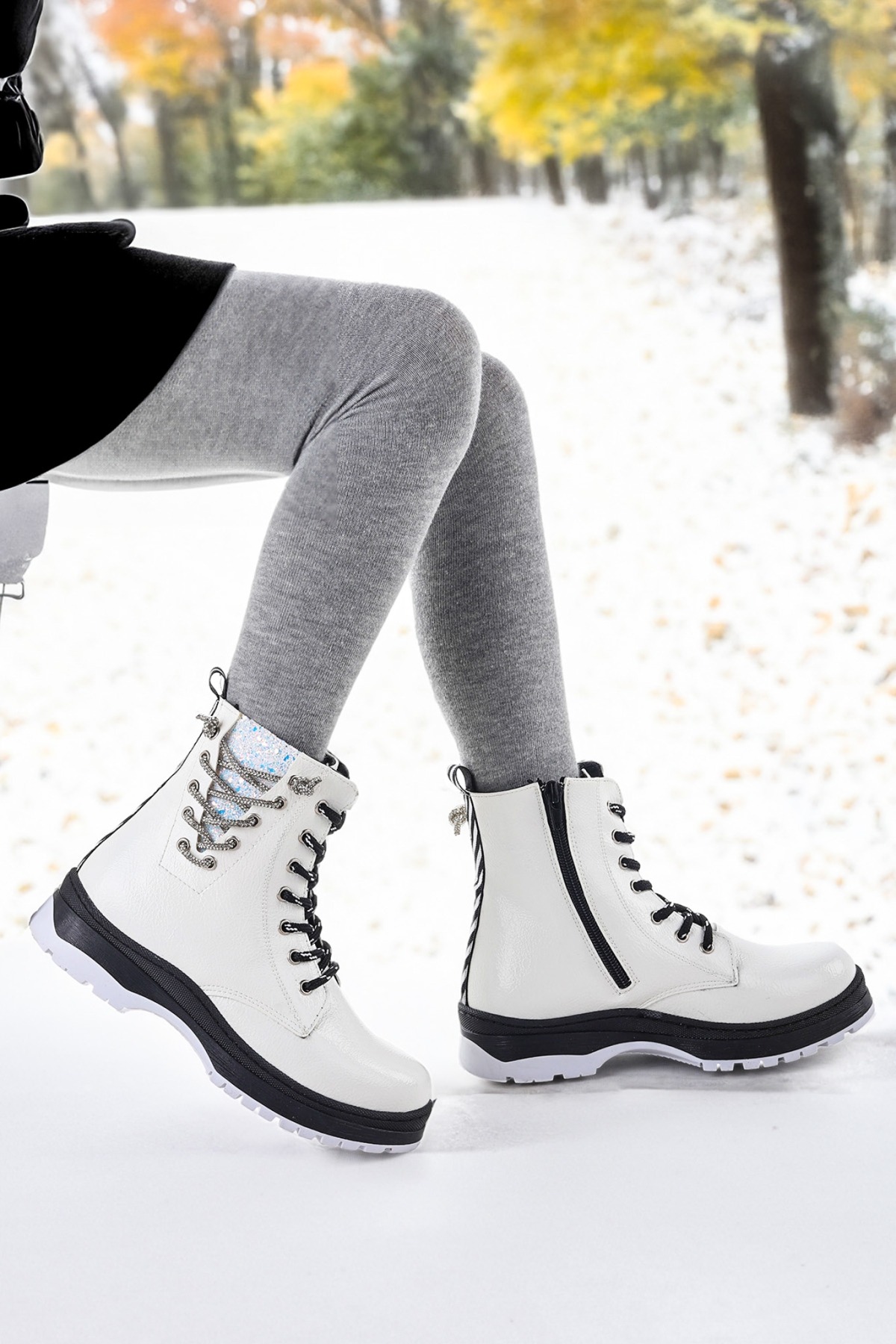 Capsule kırışık Taşlı Termo Taban Kız Çocuk Bot Beyaz - Görsel 4