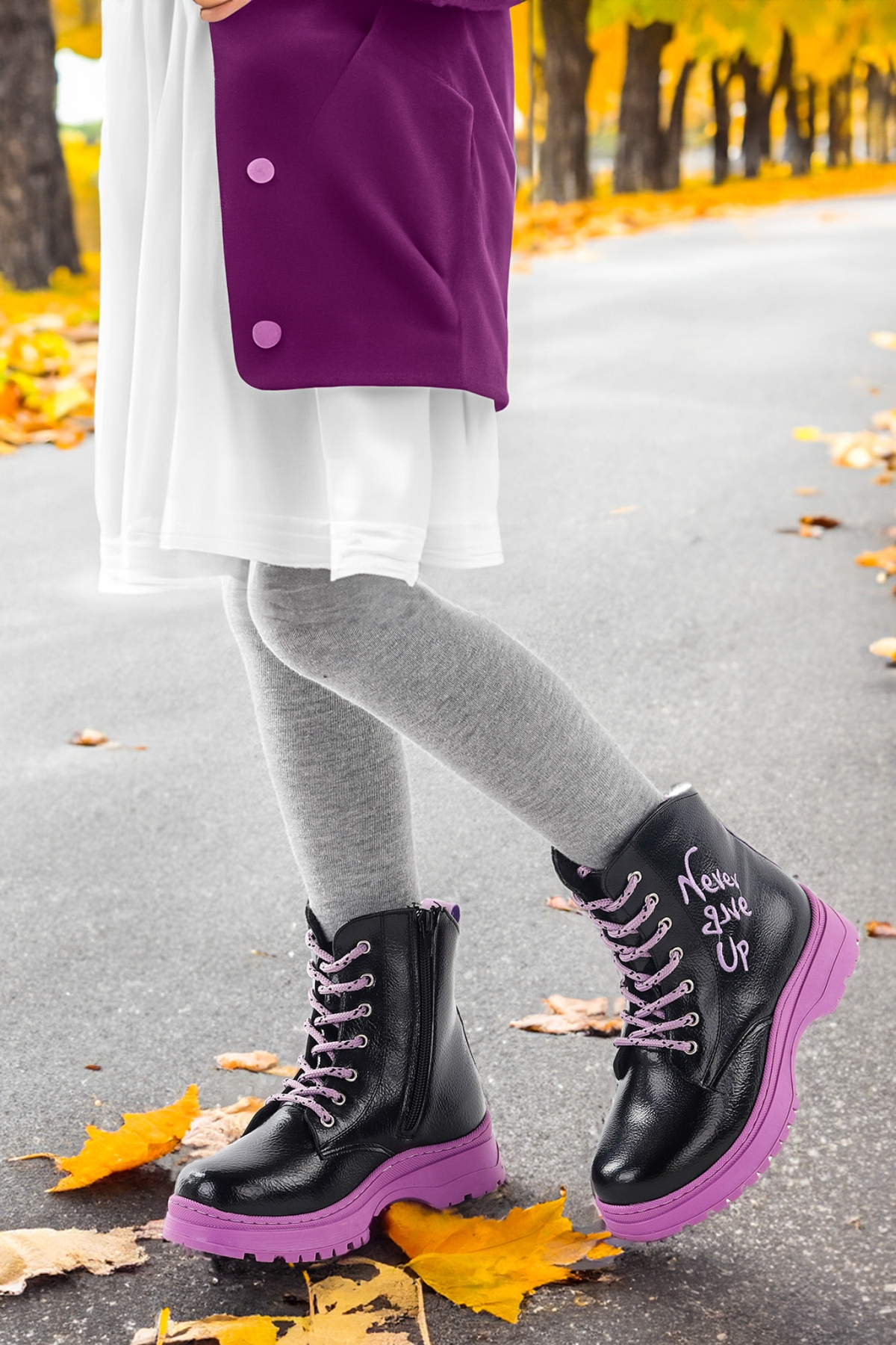 Never Çatlak Termo Taban Kız Çocuk Bot Siyah - Lila - Görsel 3
