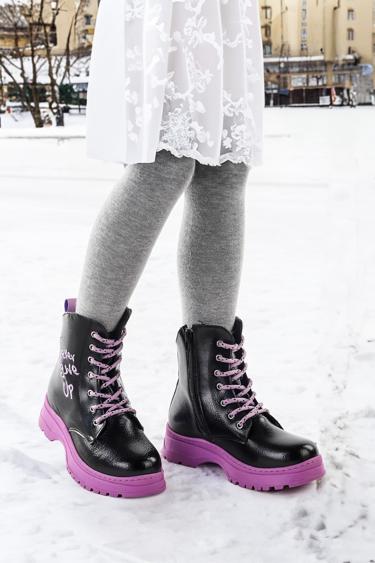 Never Çatlak Termo Taban Kız Çocuk Bot Siyah - Lila - Görsel 5