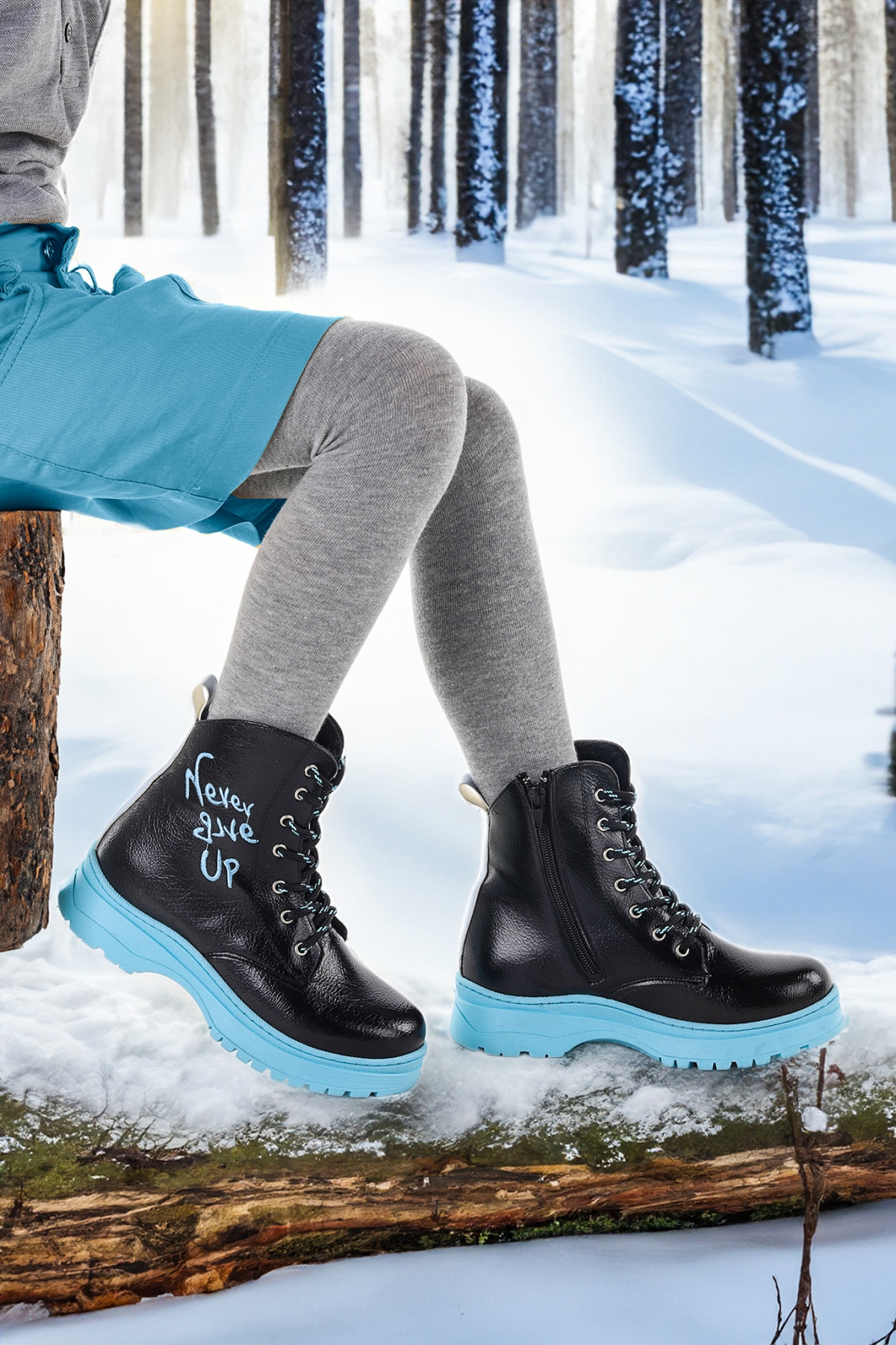 Never Çatlak Termo Taban Kız Çocuk Bot Siyah - Turkuaz - Görsel 5