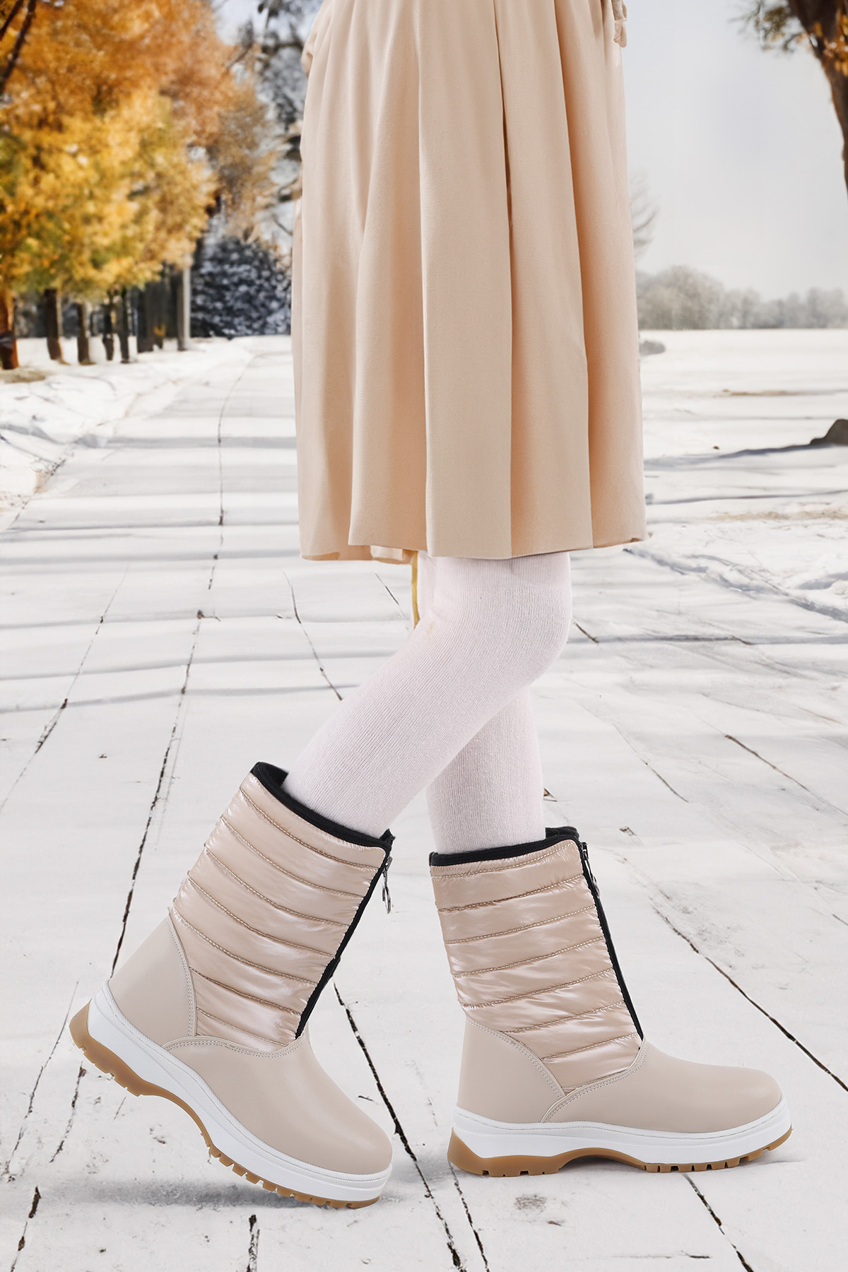 Ronel Cilt Fermuarlı Kız Çocuk Kar Botu Bej - Görsel 2