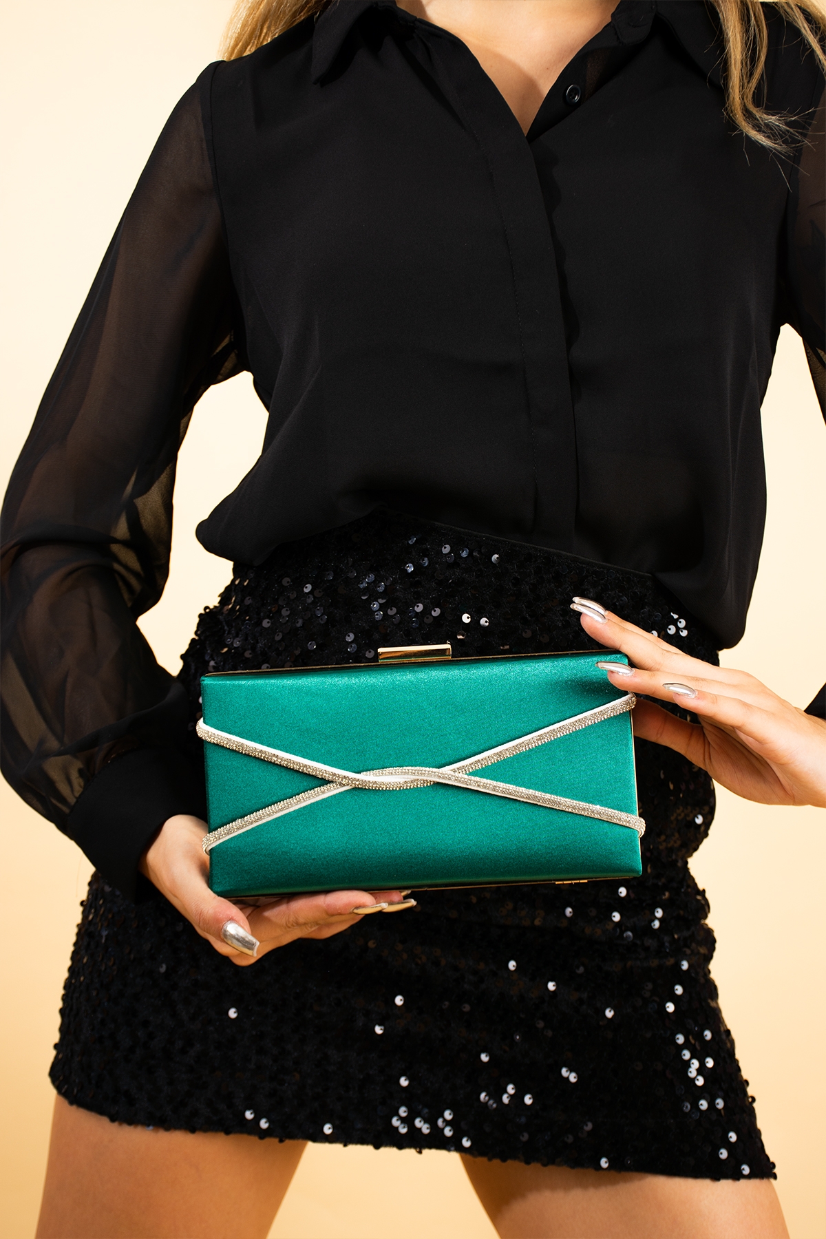 Çapraz Taşlı Abiye Portföy&Clutch Kadın Gece Çantası BAG241-23Saten