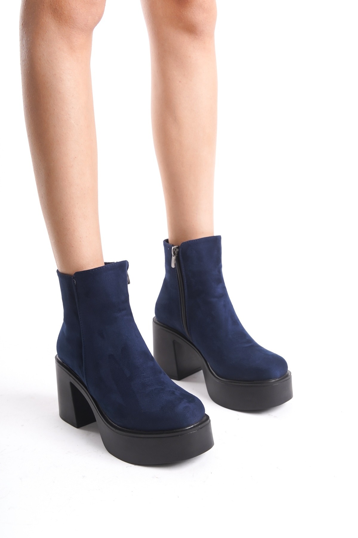 Hancez Lacivert Süet Kalın Platform Topuklu Kadın Bot - Görsel 4