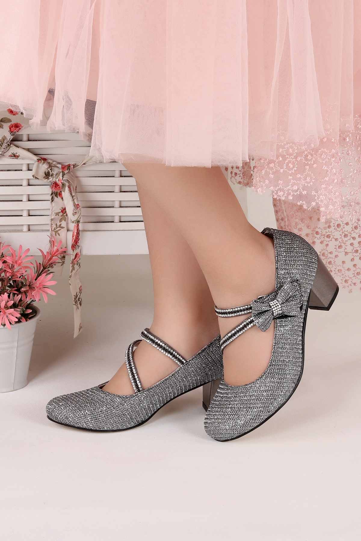 Aisha Çupra Günlük Kız Çocuk 4 Cm Topuklu Abiye Ayakkabı Platin - Görsel 4