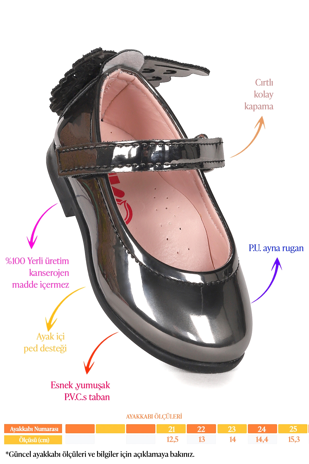 Friga Ayna Kelebek Cırtlı Kız Bebek Babet Ayakkabı Platin - Görsel 3