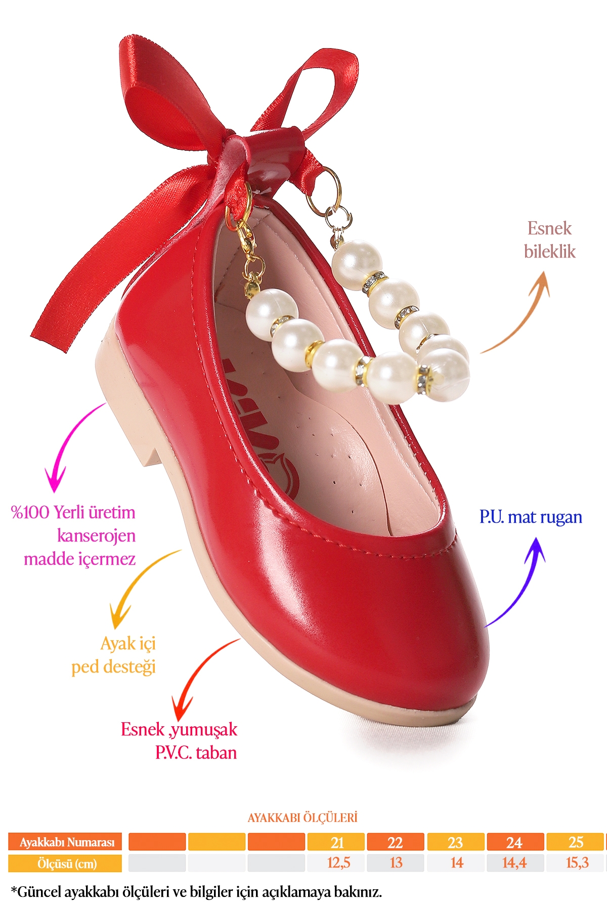 Blanch İncili Lastikli Kız Bebek Babet Ayakkabı Kırmızı - Görsel 3