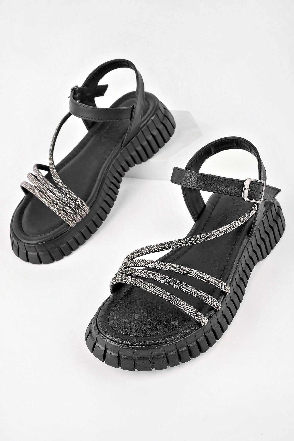 Kadın Sandalet Taş Detaylı Garantili Abb.811 Siyah - Görsel 4