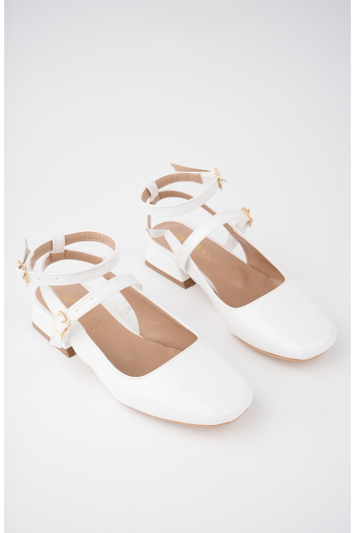 Kadın 4 cm Topuklu Klasik Köşeli Burun Mary Jane Kolej Ayakkabı Ckr.014 Beyaz - Görsel 5