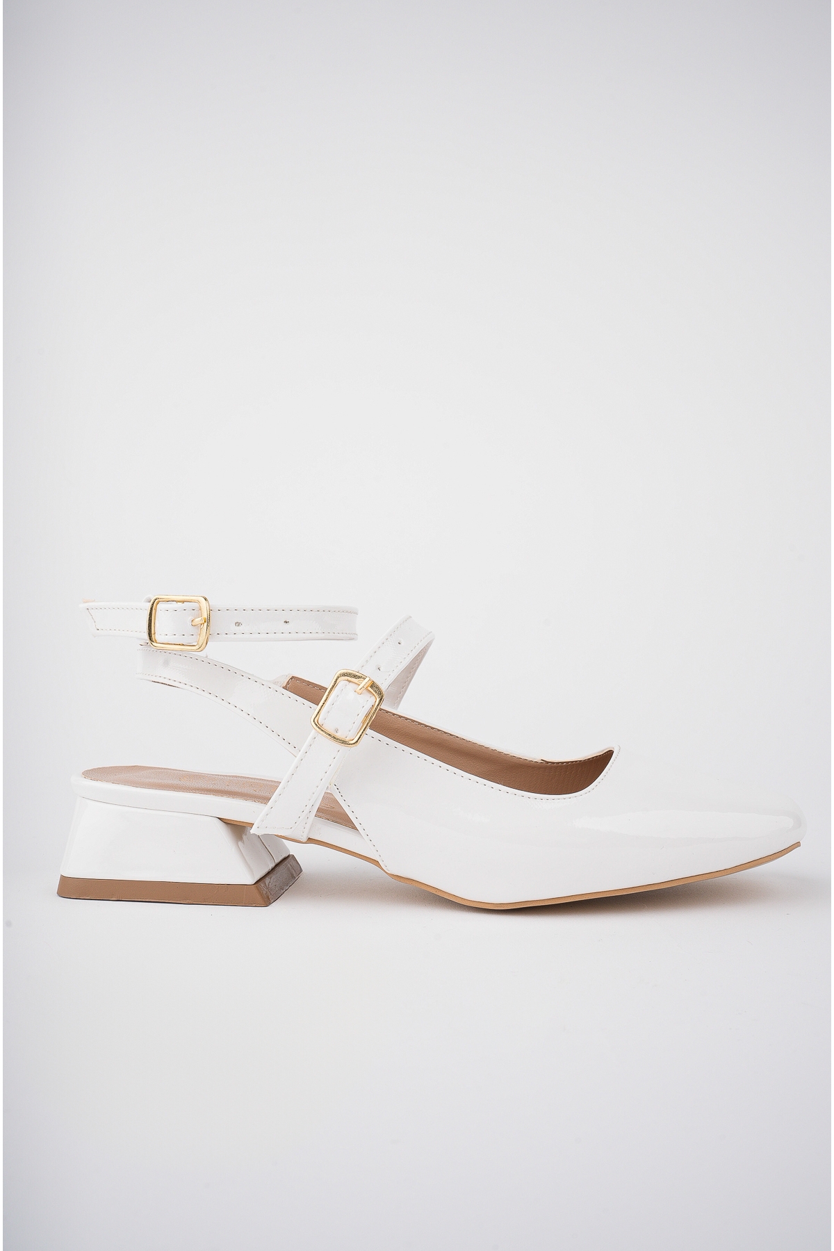 Kadın 4 cm Topuklu Klasik Köşeli Burun Mary Jane Kolej Ayakkabı Ckr.014 Beyaz - Görsel 6