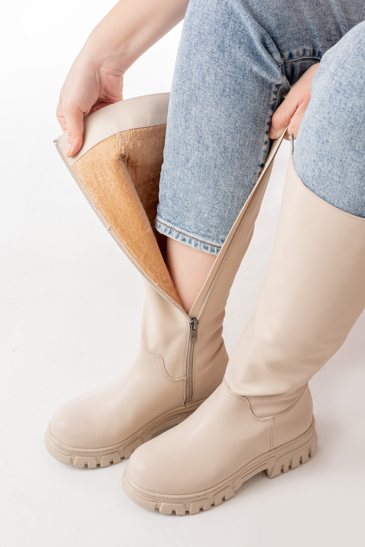 Garantili Esnek içi Kürklü Orotpedik iç Taban Kaymaz Kauçuk Su Geçirmez Çizme Ten - Görsel 7