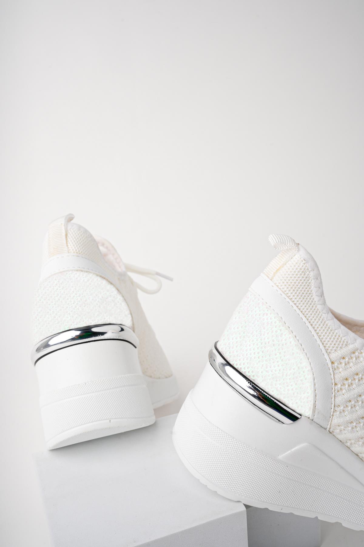 Muggo Muggo Beyaz TYRA Garantili Kadın Ortopedik Yüksek Taban Günlük Bağcıklı Triko Sneaker Spor Ayakkabı Flo'da! Beyaz - 8. görsel