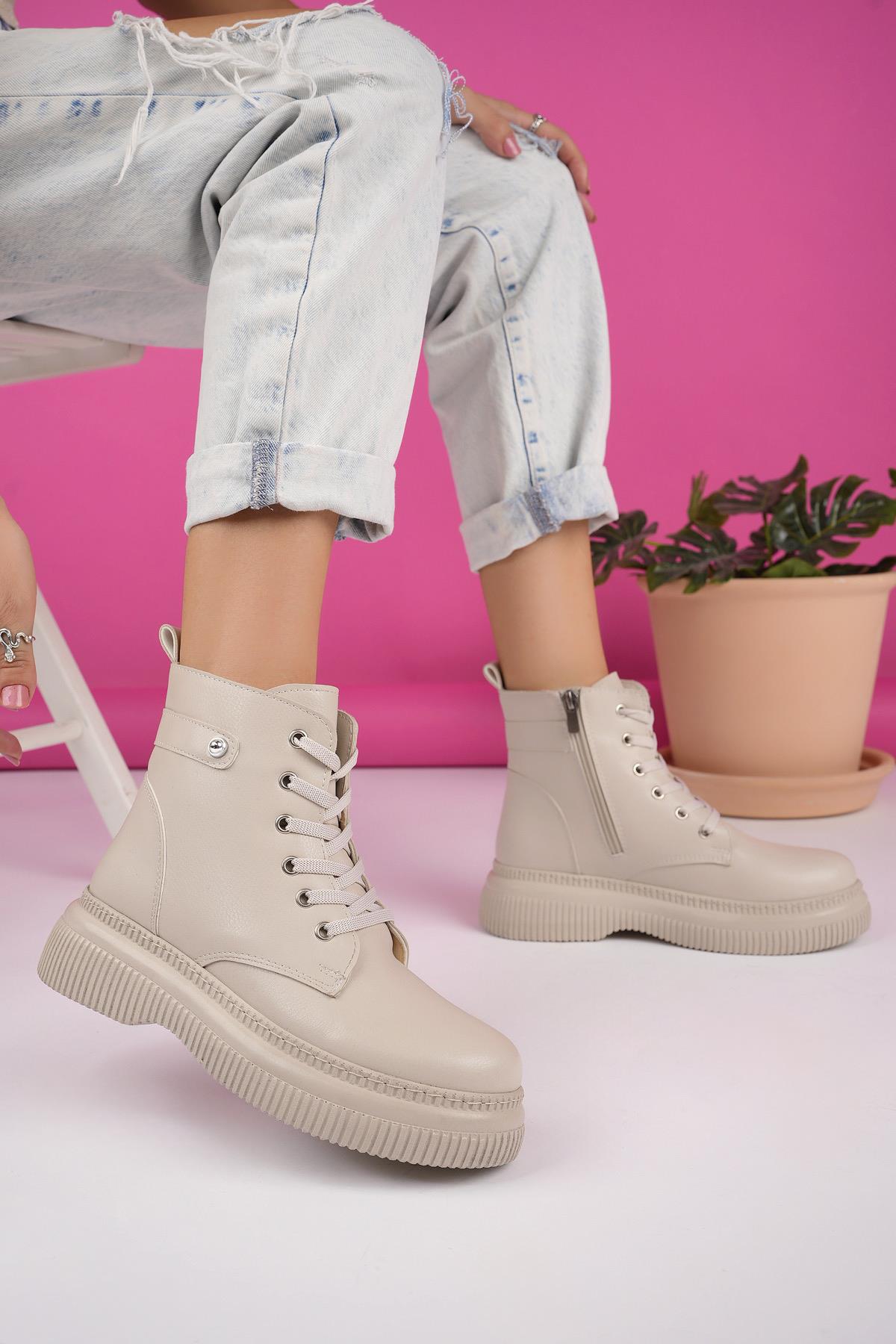 LUCİNDA Garantili Kalın Taban Fermuarlı Bağcıklı Kadın Postal Bot - Görsel 6