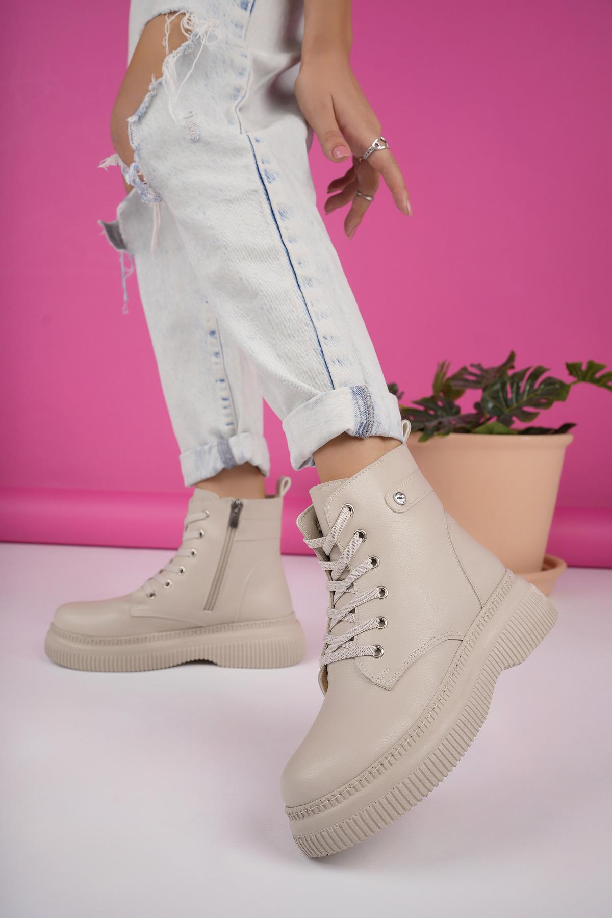 LUCİNDA Garantili Kalın Taban Fermuarlı Bağcıklı Kadın Postal Bot - Görsel 7