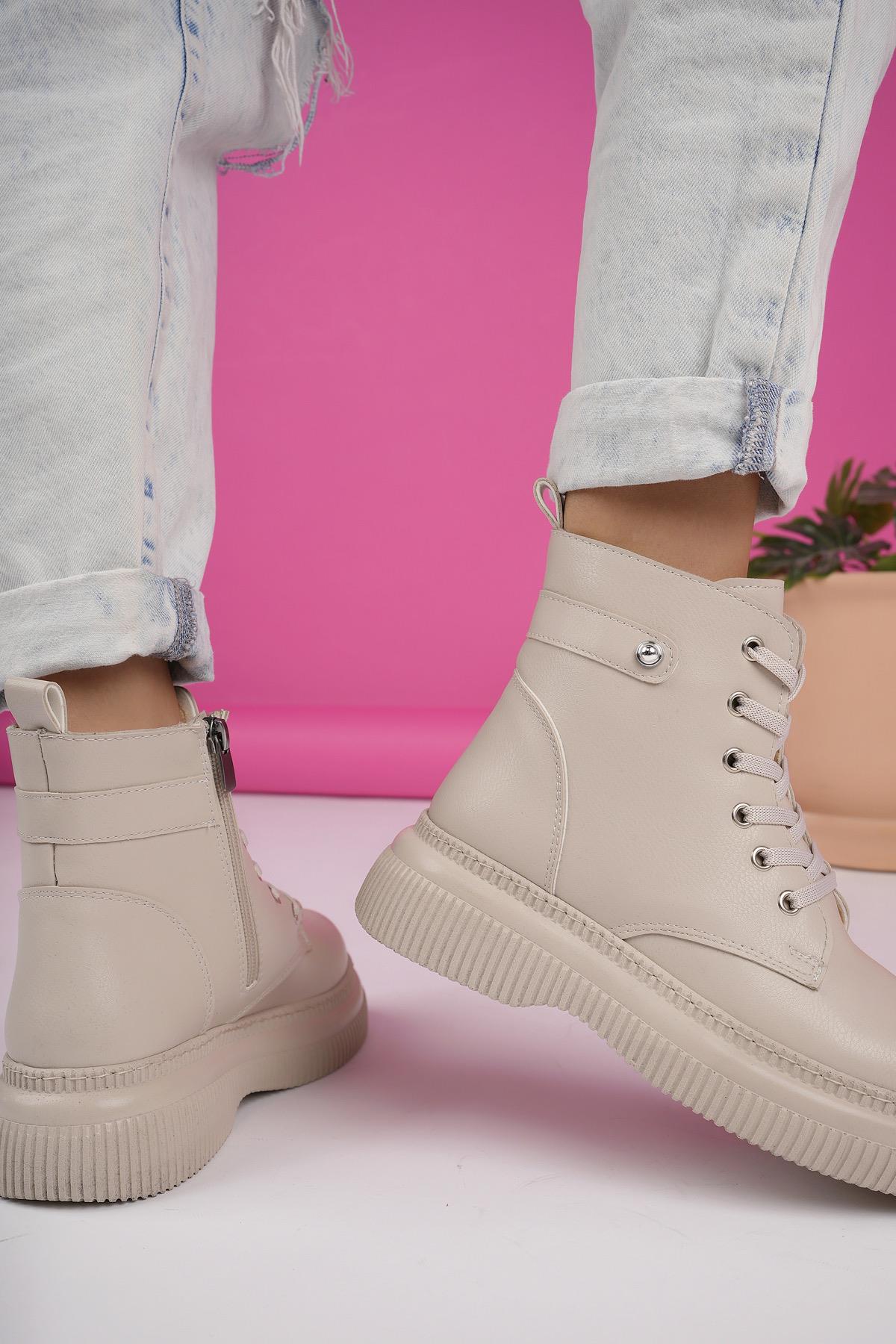 LUCİNDA Garantili Kalın Taban Fermuarlı Bağcıklı Kadın Postal Bot - Görsel 8