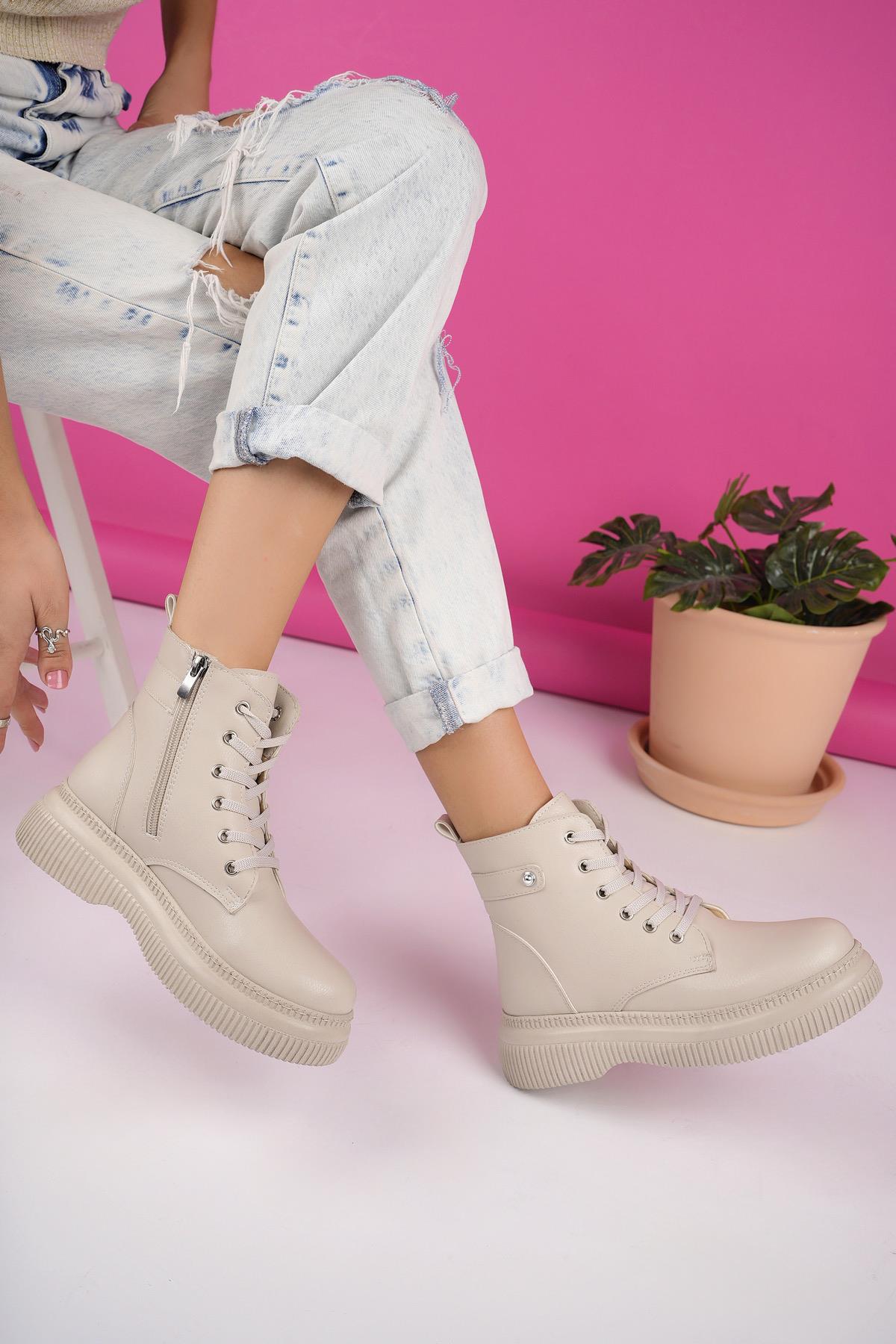 LUCİNDA Garantili Kalın Taban Fermuarlı Bağcıklı Kadın Postal Bot - Görsel 9