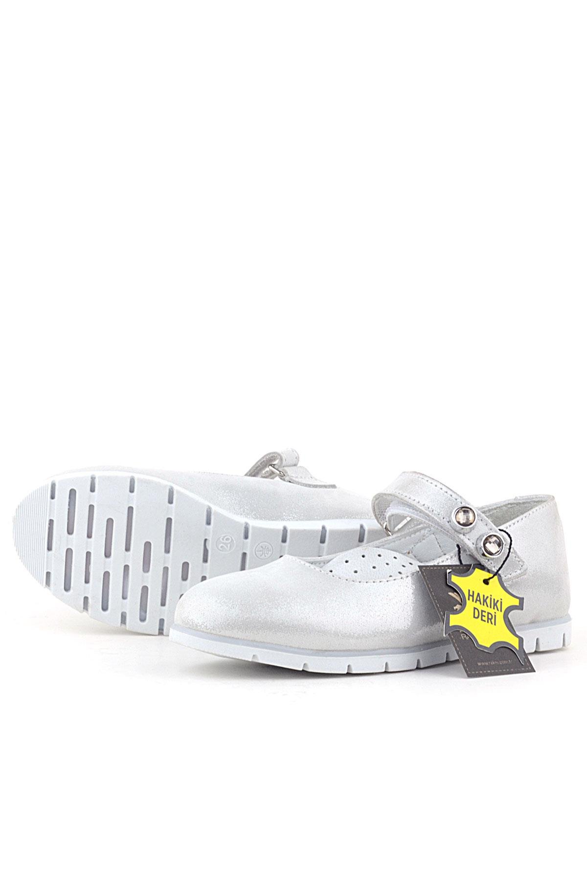 Hakiki Deri Gümüş Taşlı Cırt Cırtlı Kız Çocuk Babet - Görsel 6