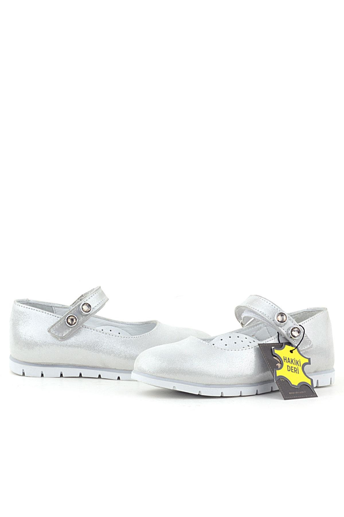 Hakiki Deri Gümüş Taşlı Cırt Cırtlı Kız Çocuk Babet - Görsel 7