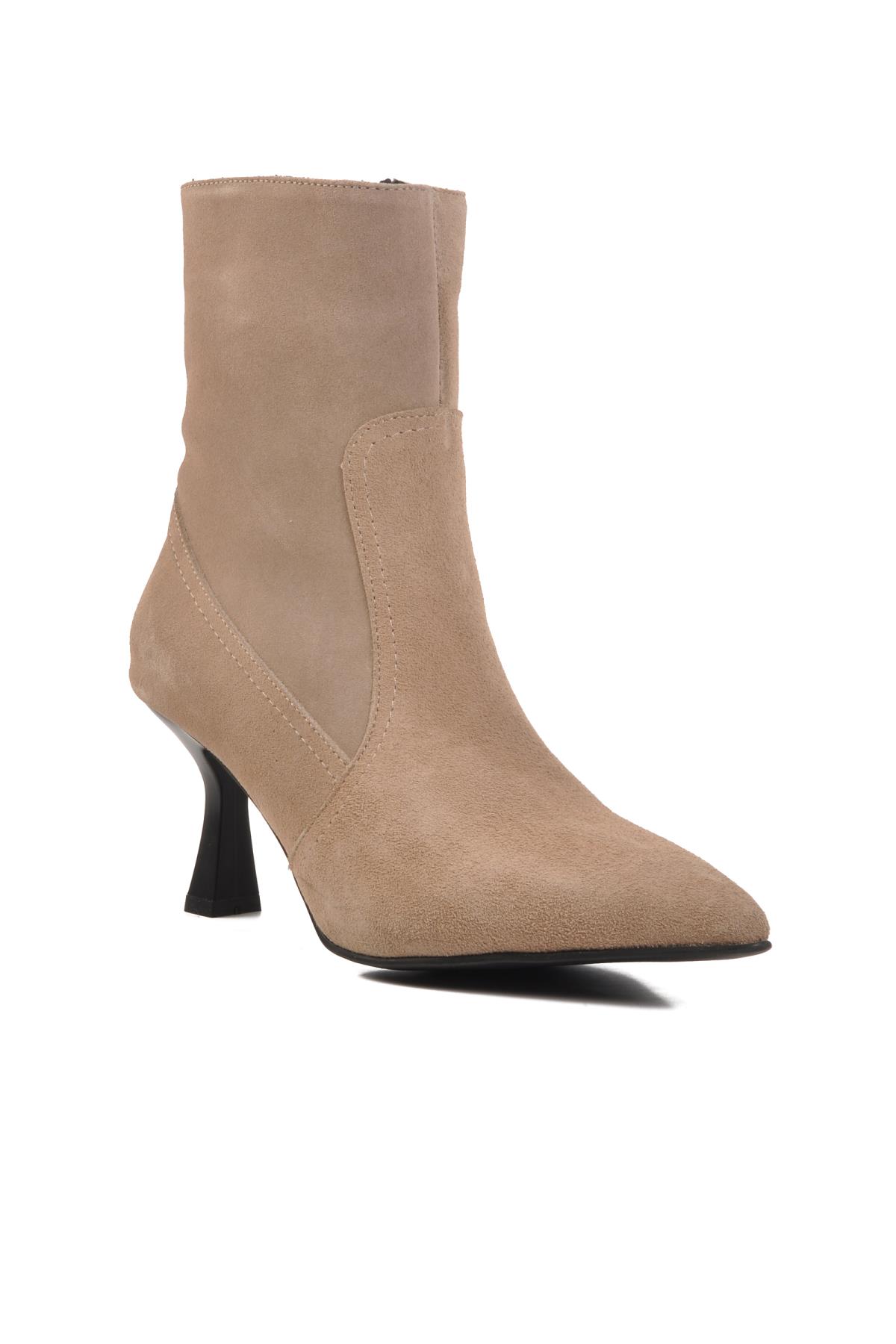DS-60 Bej Süet Hakiki Deri İçi Polarlı Kadın Topuklu Bot - Görsel 2