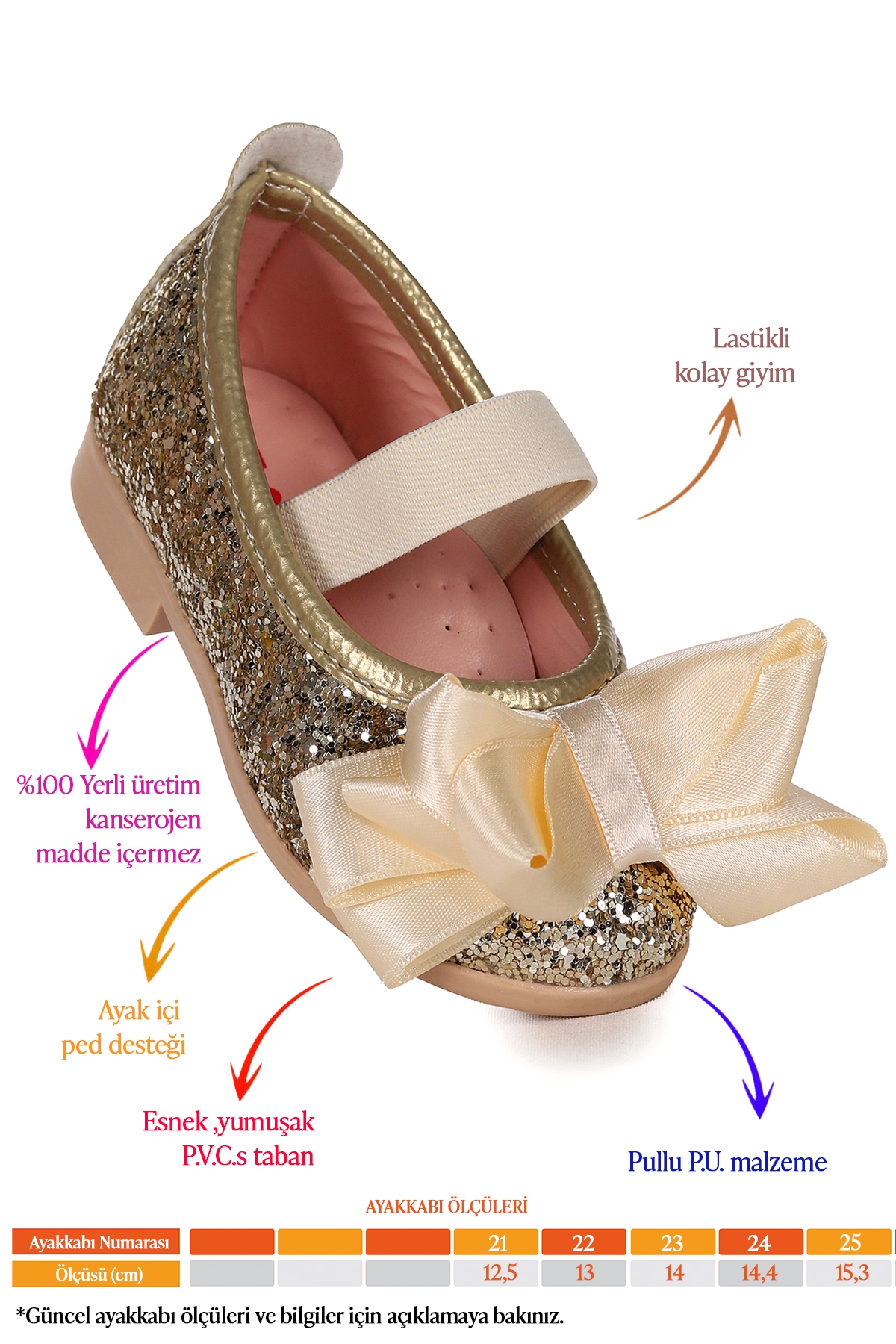 Panı Fiyonk Lastikli Kız Bebek Babet Ayakkabı Altın - Görsel 3