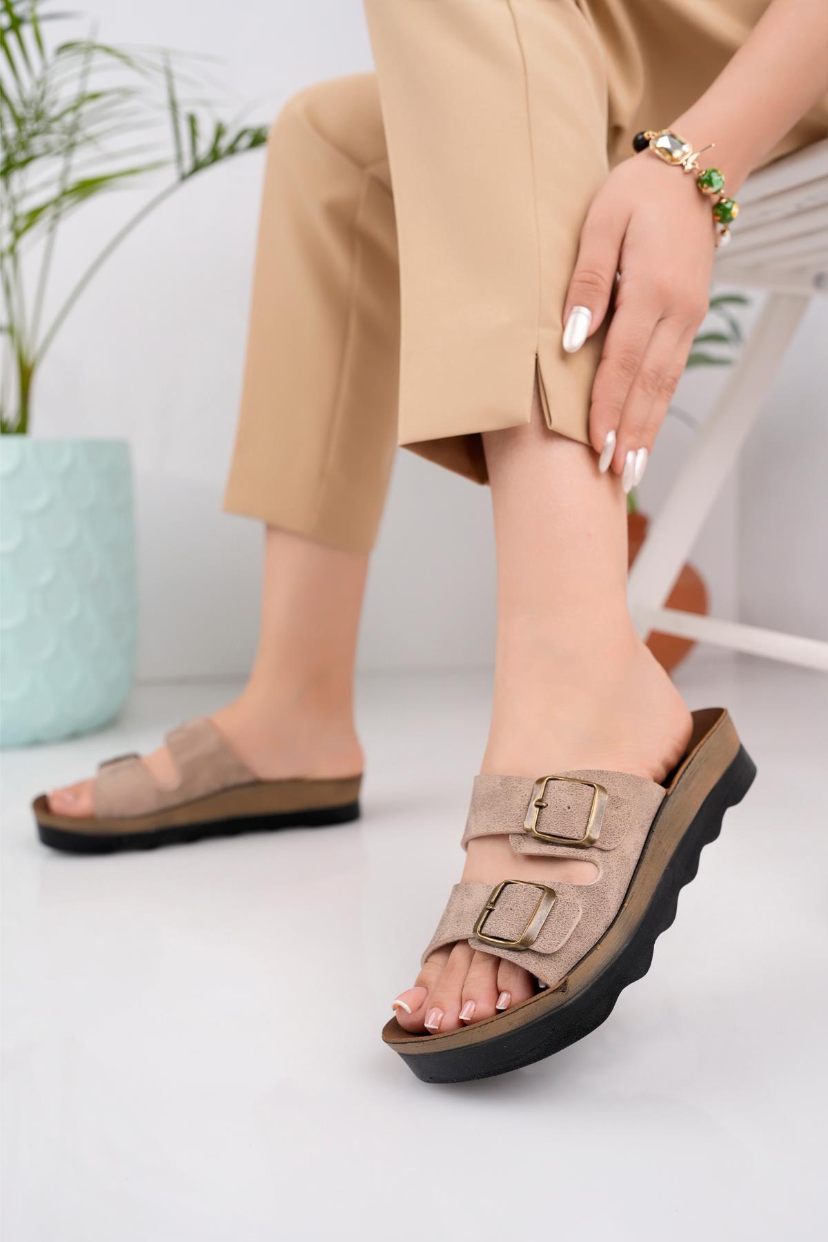 Lena Kadın Garantili Günlük Ortopedik Çift Bantlı Tokalı Kaymaz Taban Rahat Terlik - Görsel 4