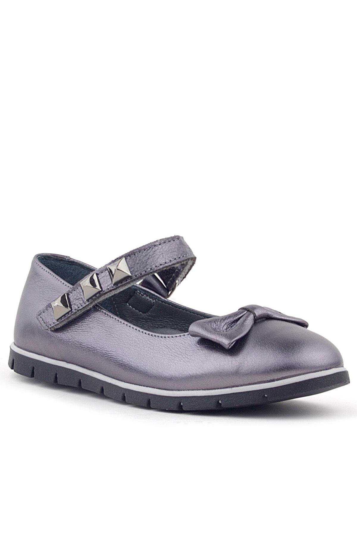 Hakiki Deri Platin Cırtlı Metal Detaylı Kız Çocuk Babet Ayakkabı - Görsel 2