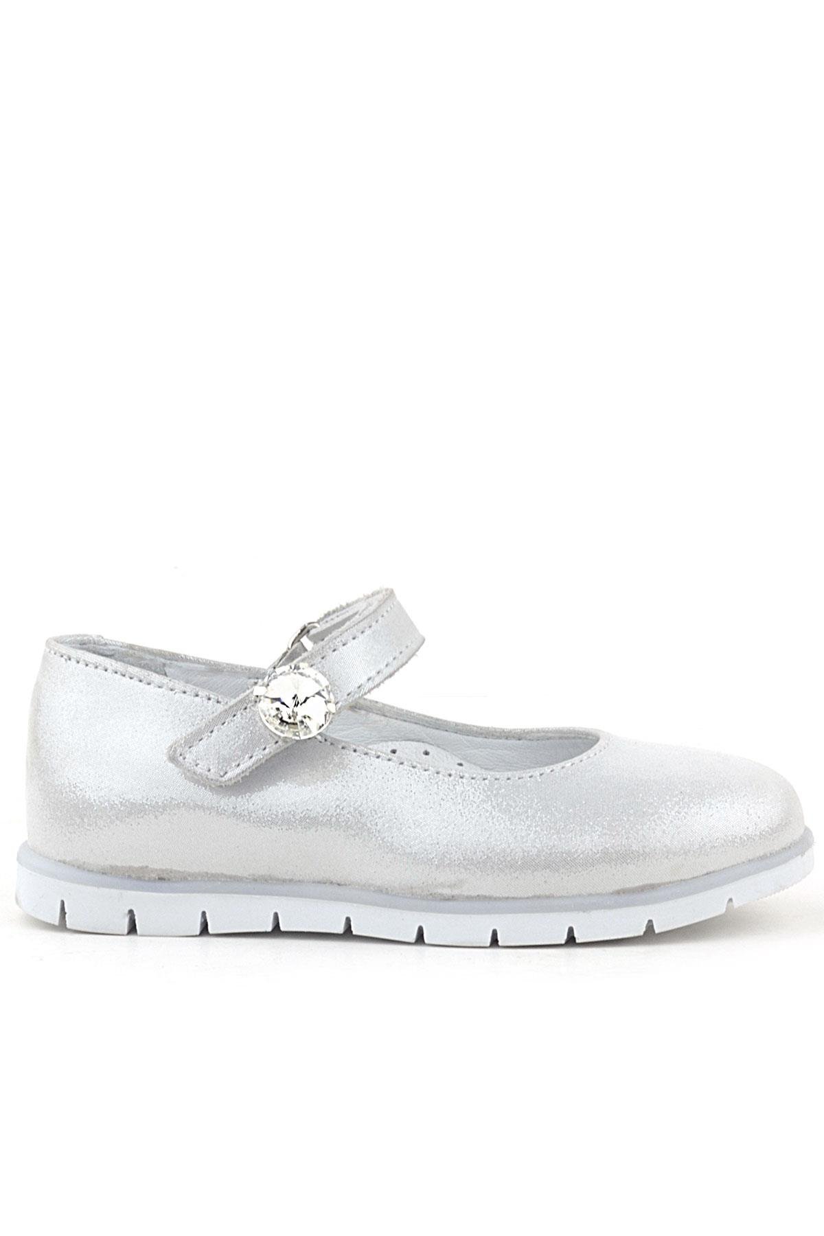 Hakiki Deri Gümüş Cırt Cırtlı Taş Detaylı Kız Çocuk Babet - Görsel 3